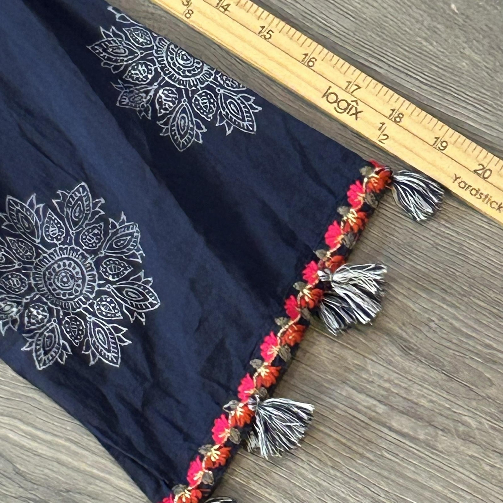 Soft Surroundings Shirt Womens L Blue Embroidered Floral Boho Tassel Tunic Top
