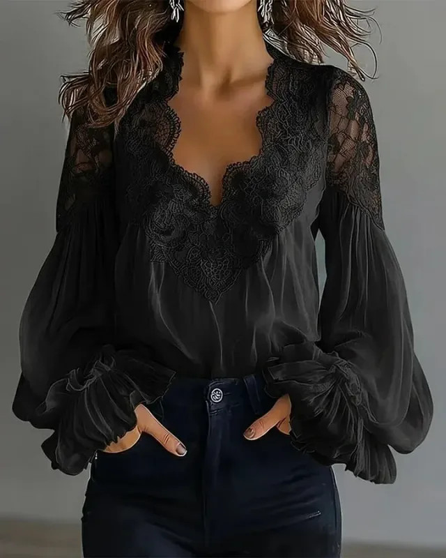 Blusa Mujer Color Sólido V-cuello Encaje Manga Farol Elegante Oficina