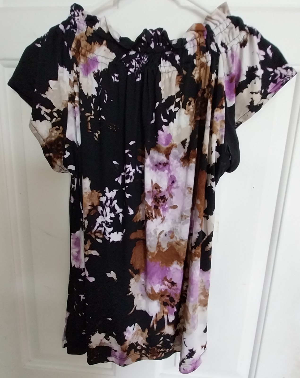 Worthington Stretch Womens Purple Black Floral Tunic Front Tie, Short Sleeve Med