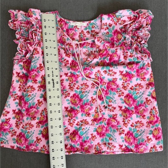 Love The Label Pink Floral Ikat Ruffle Flutter Sleeve Cotton Blouse Size Small
