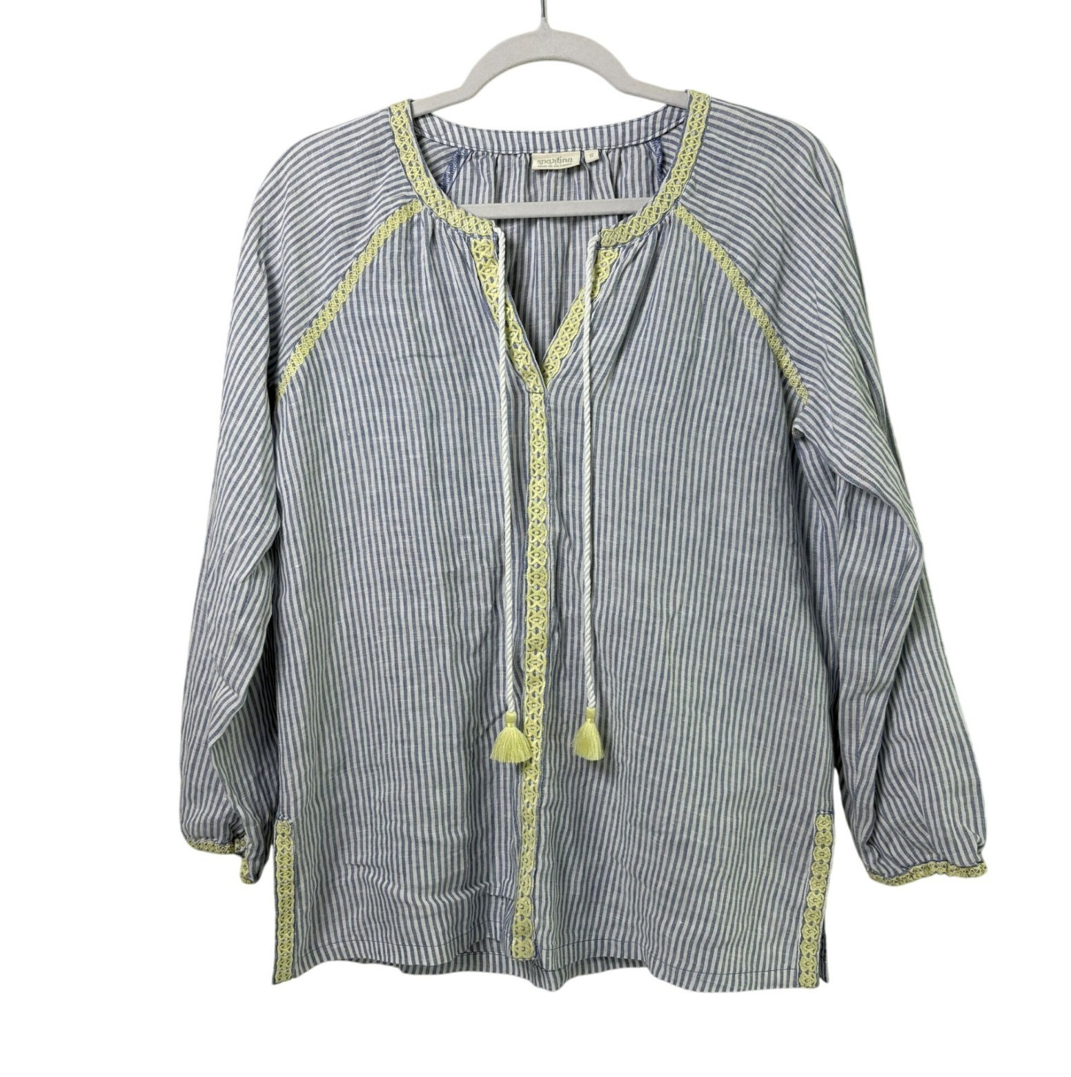 Spartina 449 Blue Stripe V Neck Tassel Blouse Size S Yellow Embroidery Linen Top