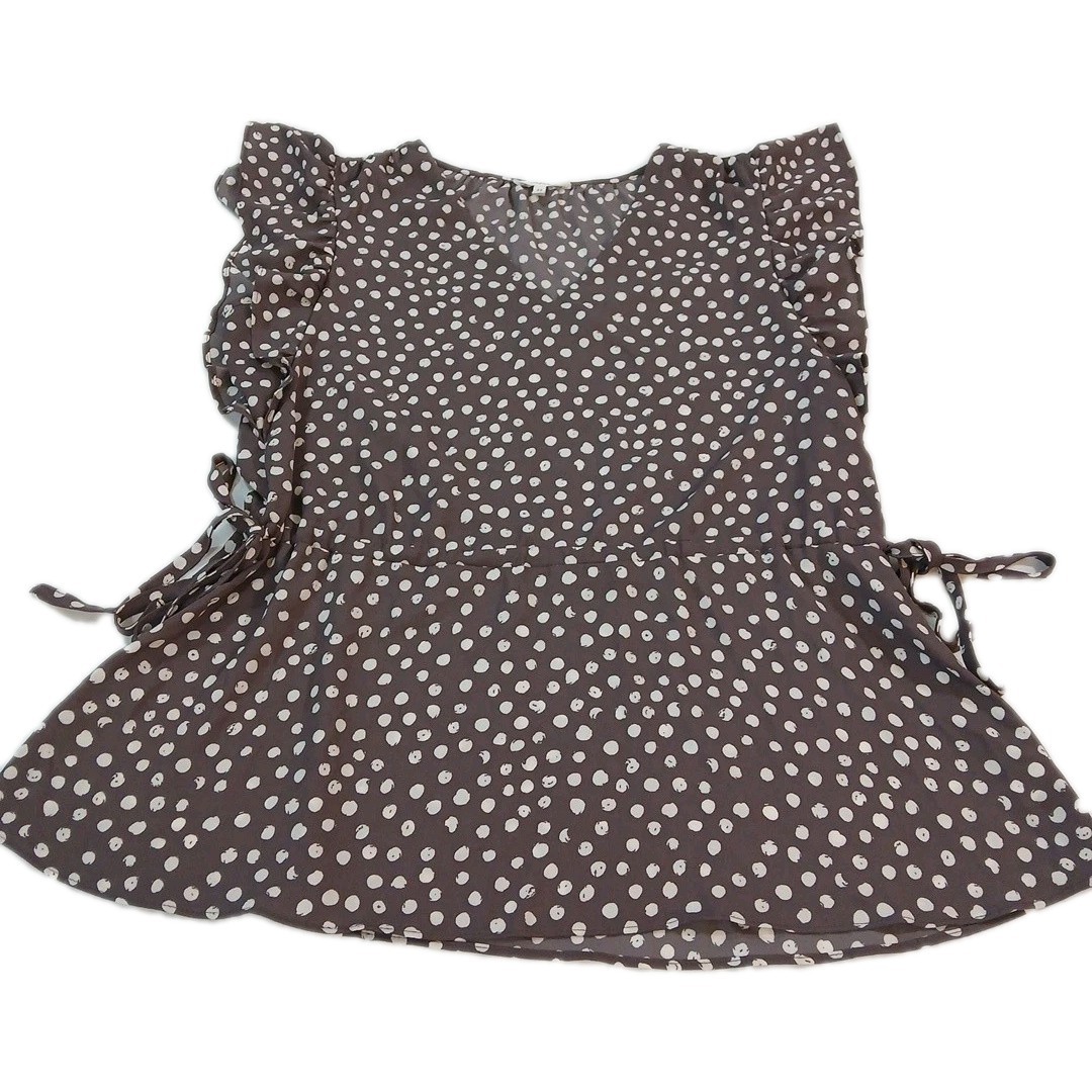 Maurice Blouse Career Top Poka Dot Brown White Short Ruffle Sleeves Ties On Side