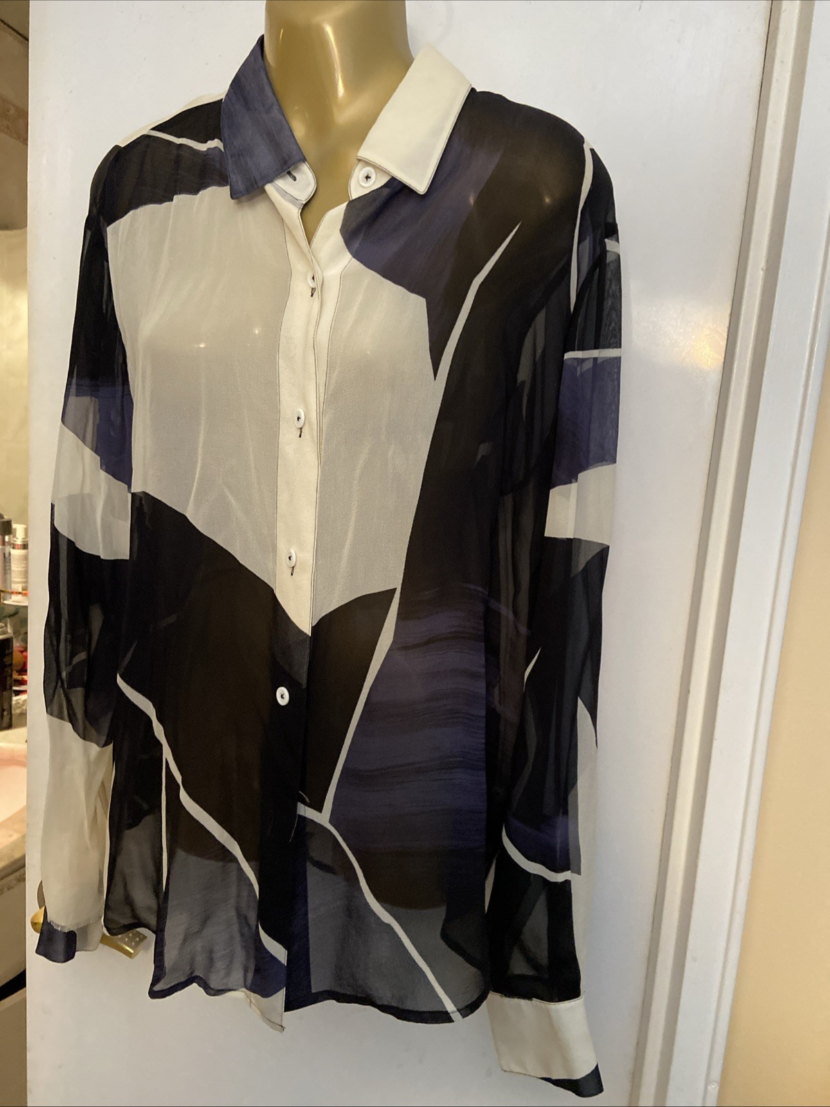 Linda Allard Ellen Tracy Silk Blouse Size 16 Semi Sheer Preowened Button Front