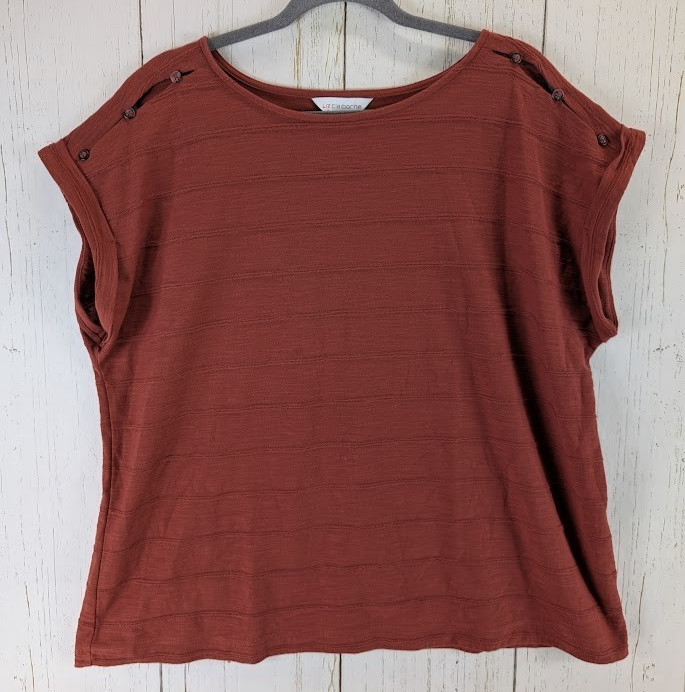Liz Claiborne Size XXL Burnt Orange Stripe Button Accent Short Sleeve Top