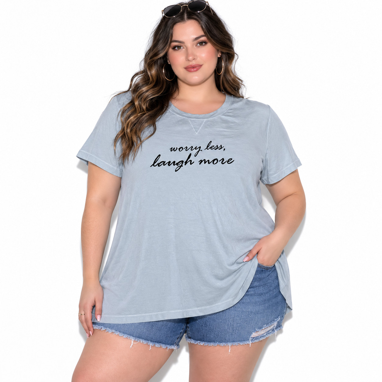 Any Body Basic Women T-Shirt Plus 1X Light Blue Crew Neck Cap Sleeve Summer Wear