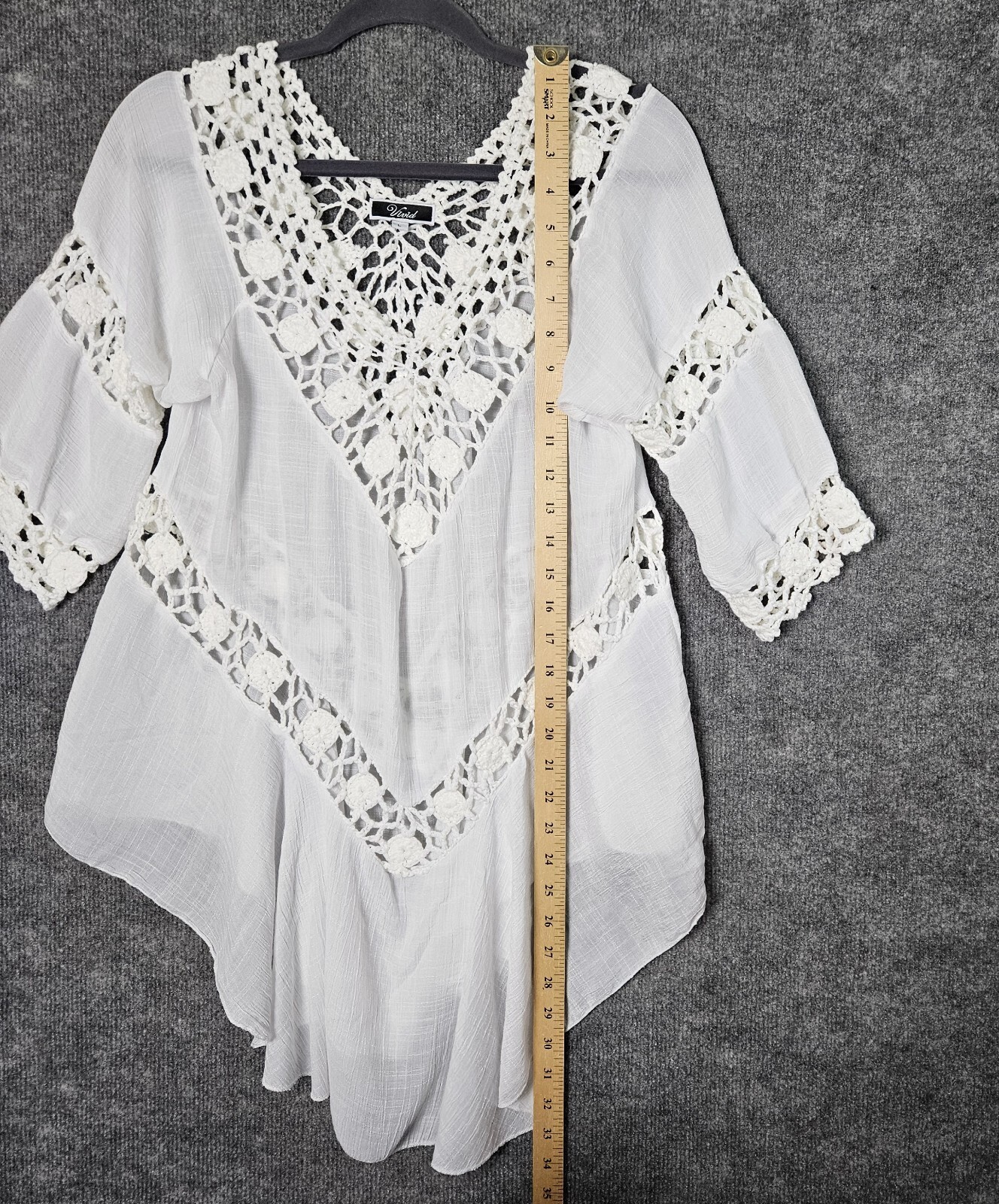 Vivid Top Womans L White Gauzy Tunic Crochet Trim Romantic Cottage