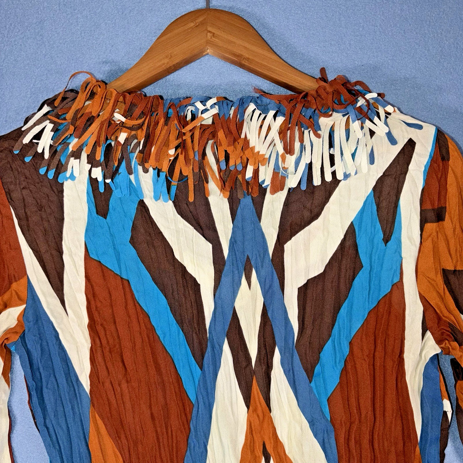 Agora Boho Fringe Top Womens Small Geometric Print Western Festival Y2K Blouse