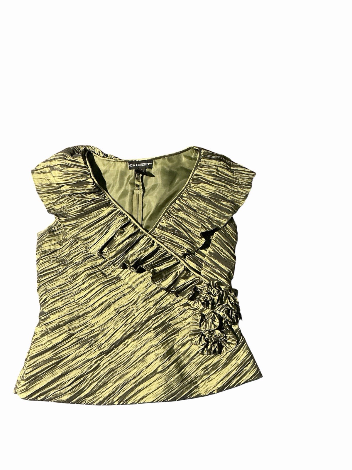 Cache Y2K Metallic Olive Green Ruffled Top V Neck Sleeveless Party Blouse 10