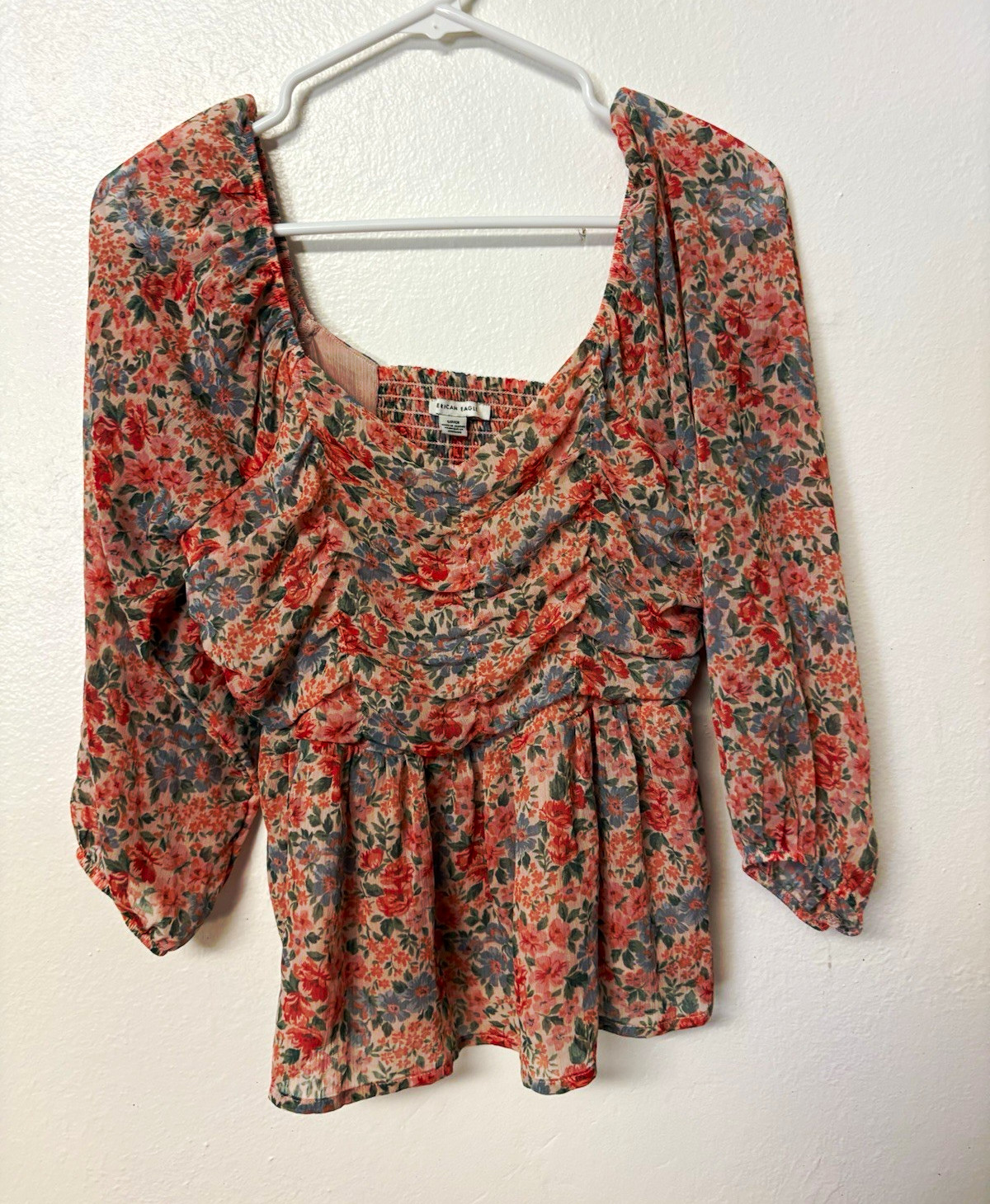 American Eagle Women’s S Floral Square Neck Smocked 3/4 Sleeve Peplum Blouse