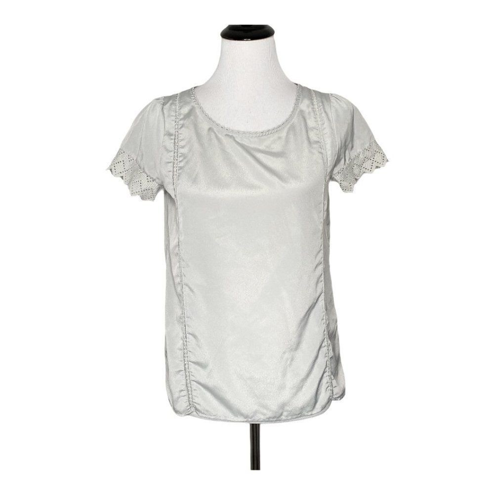 Cottagecore Coquette Eyelet Lace Satin Blouse Puff Sleeve Crochet Pleated S Grey