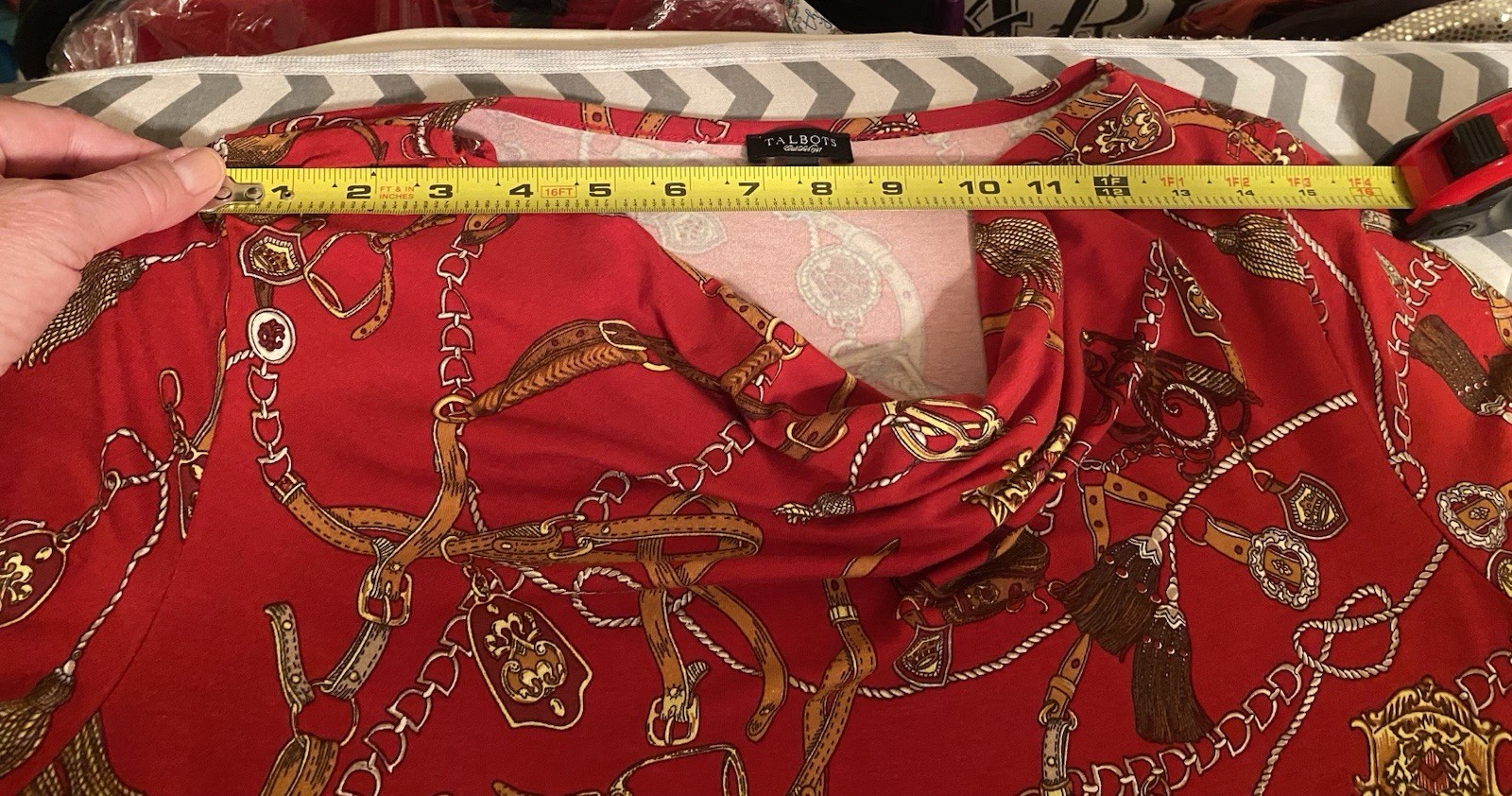 Talbots Wom M Waterfall Neck Blouse-Classic Designer Print-Jewels/Chains/Tassels