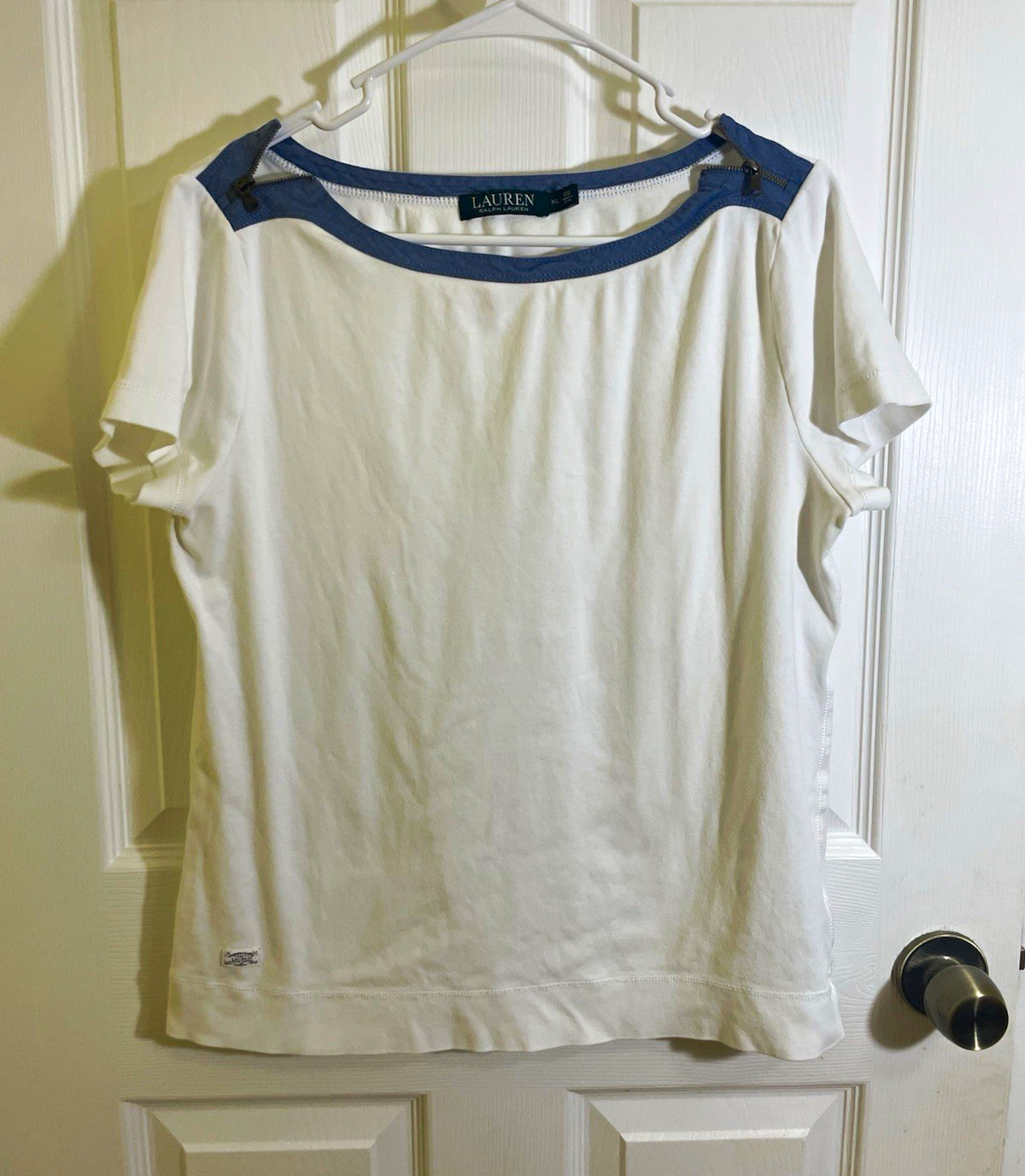 Lauren Ralph Lauren Women’s White/Blue Contrast Trim Scoop Neck T-Shirt XL