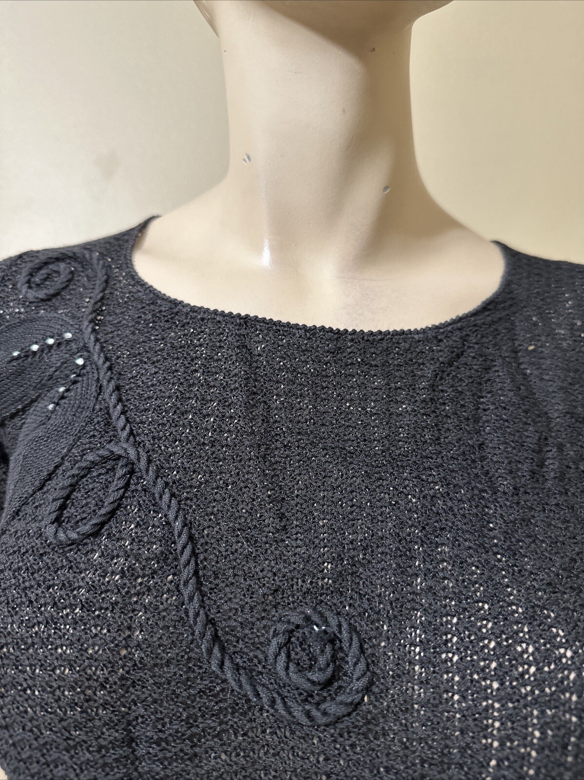 Women’s Black Cotton Crochet Casual Stretch Slim Sheer Lace Beaded One Size Top