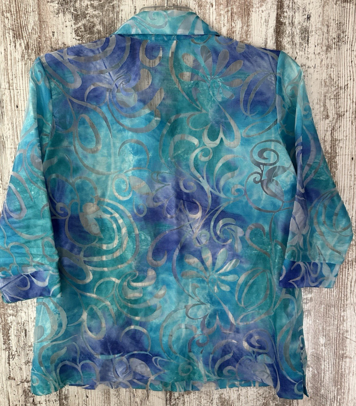 ALL HOURS Womens Size L Turquoise/Blue Scroll Semi-Sheer Button Front Blouse USA
