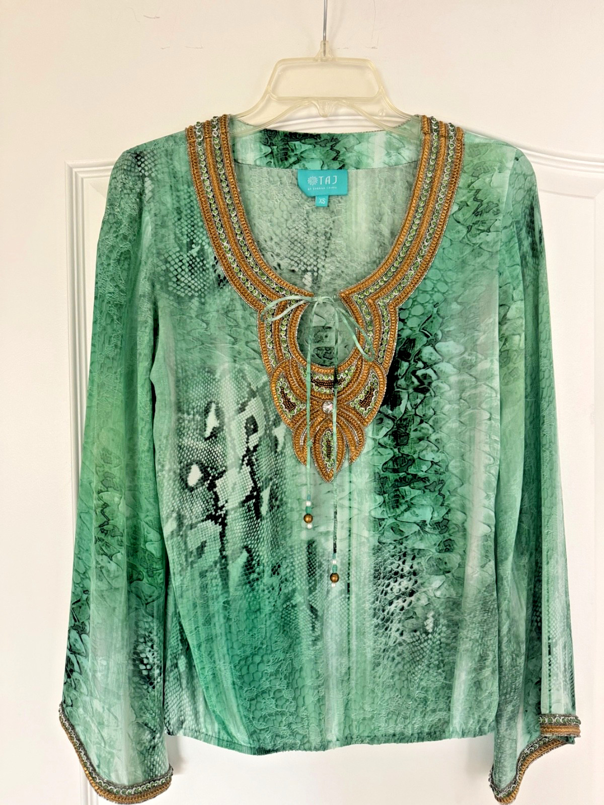 Taj By Sabrina Crippa Beaded Rhinestone Gold Green Blouse size XS