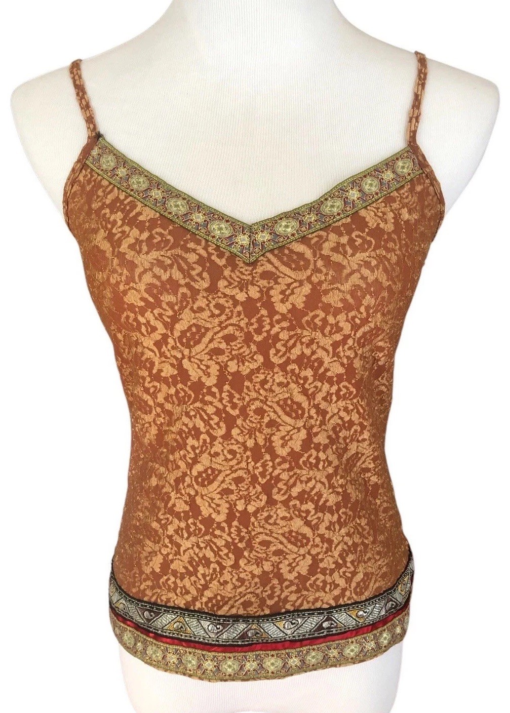 Moda International Tank Top Cami Size S Metallic Gold Embroidered VTG Y2K Boho