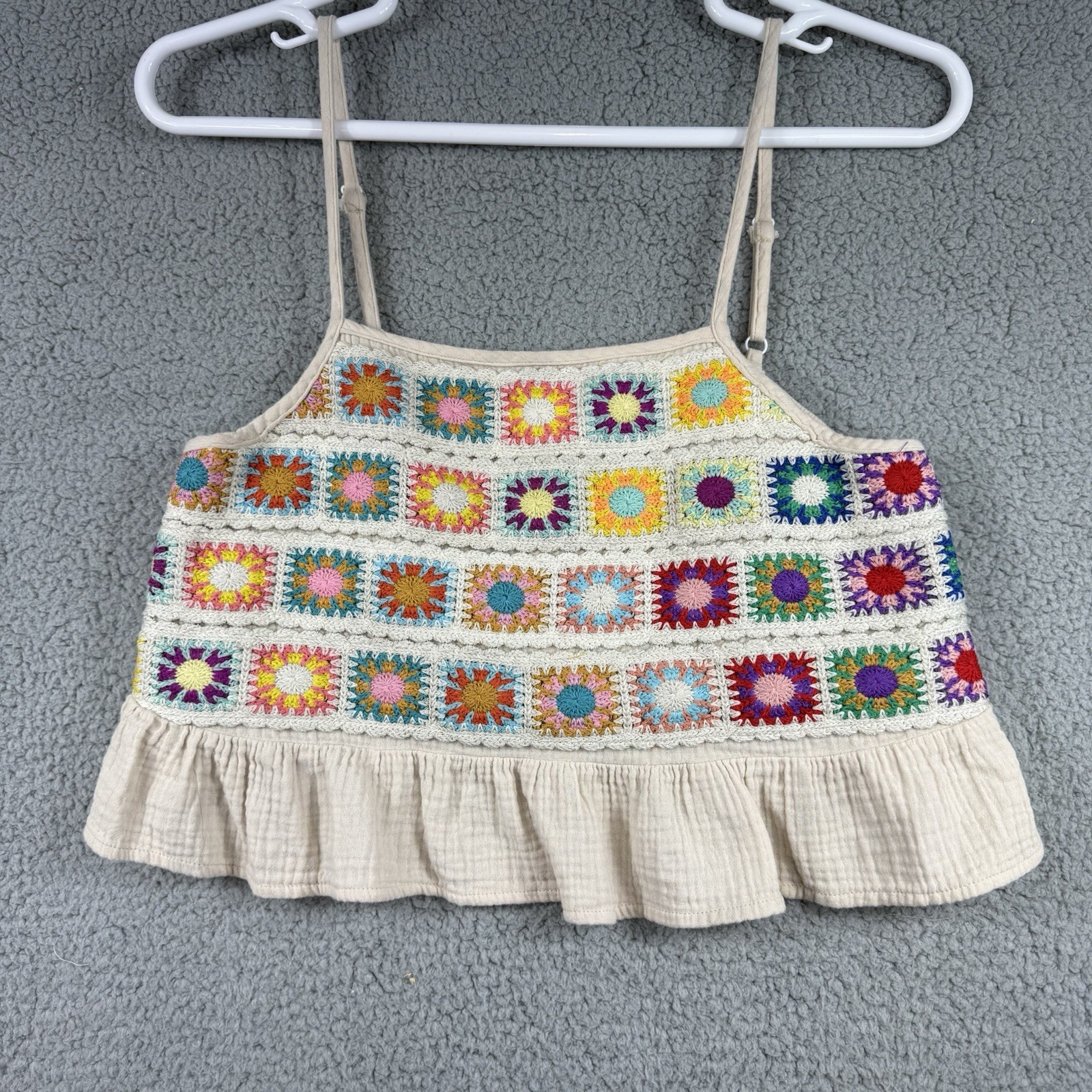 Womens Juniors L Crochet Knit Patterned Crop Top Colorful 70s Hippie Boho