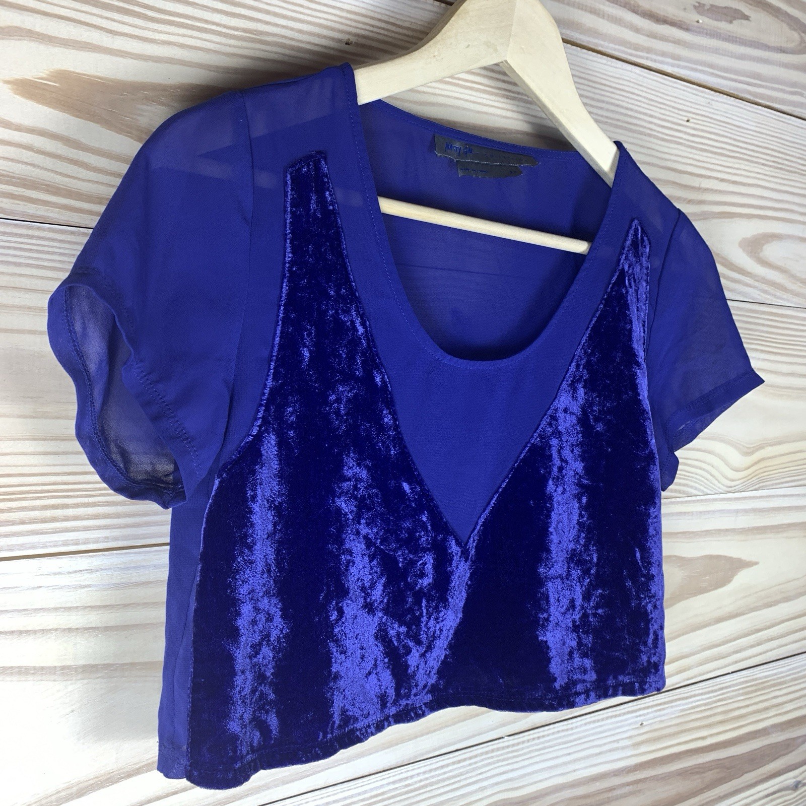 Nasty Gal Collection Velvet Crop Top XS Boxy Blue Sheer Blouse Rave Dopamine