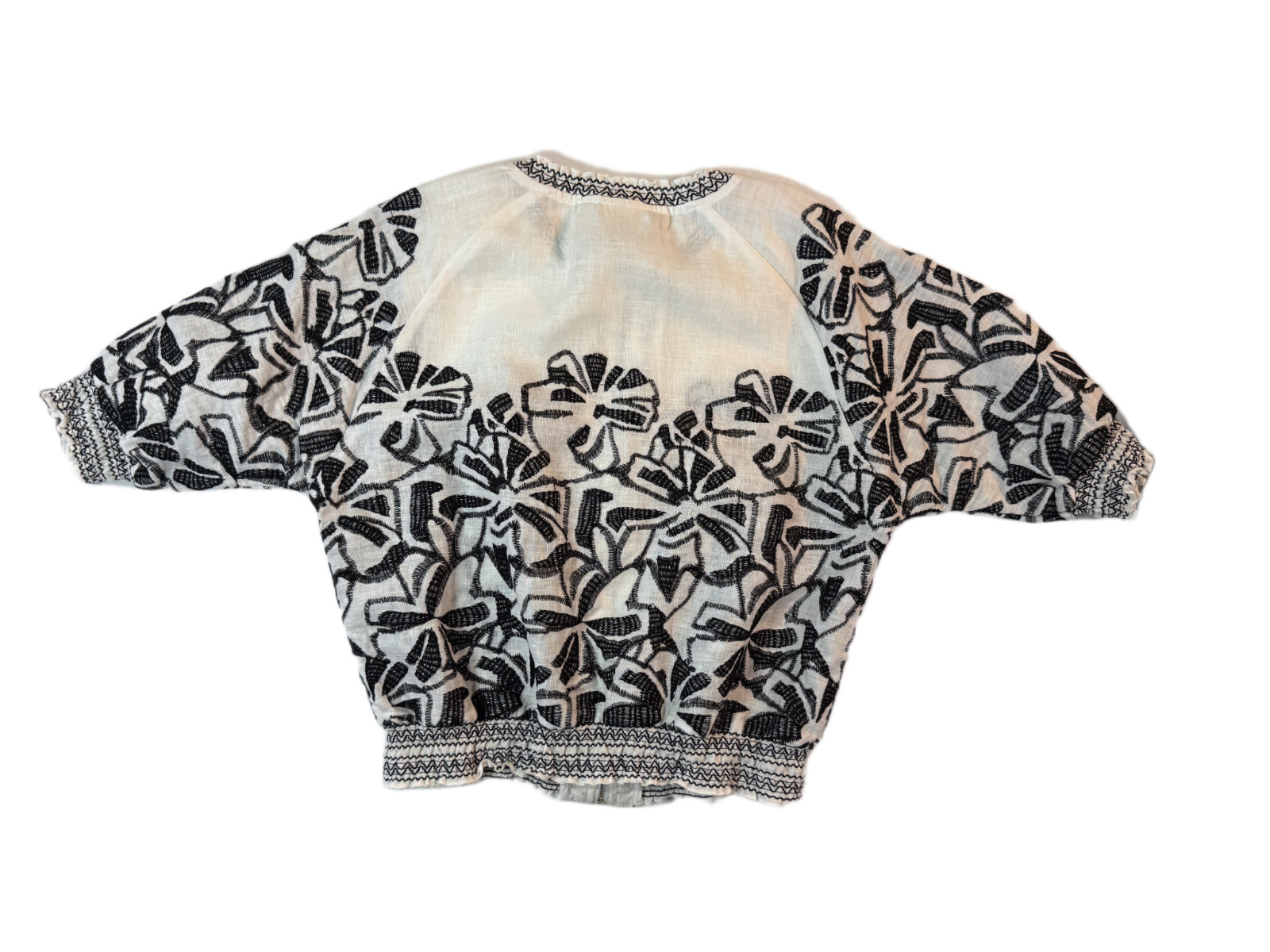 Chico’s Blouse Womens Small White Black Embroidered Floral Smocked Boho Top