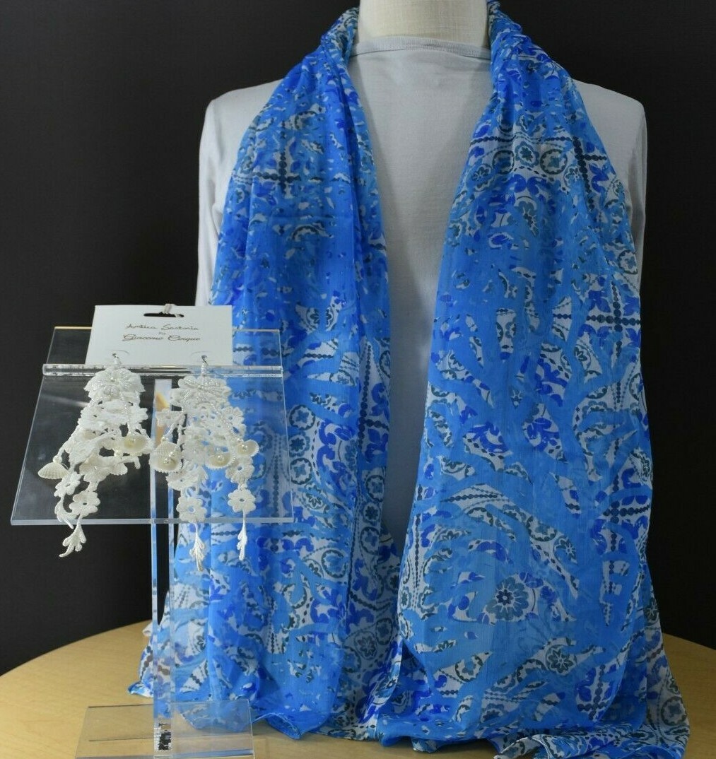ANTICA SARTORIA WHITE BLUE & GRAY SCARF W/EARRINGS 40 x 70 INCHES NWT
