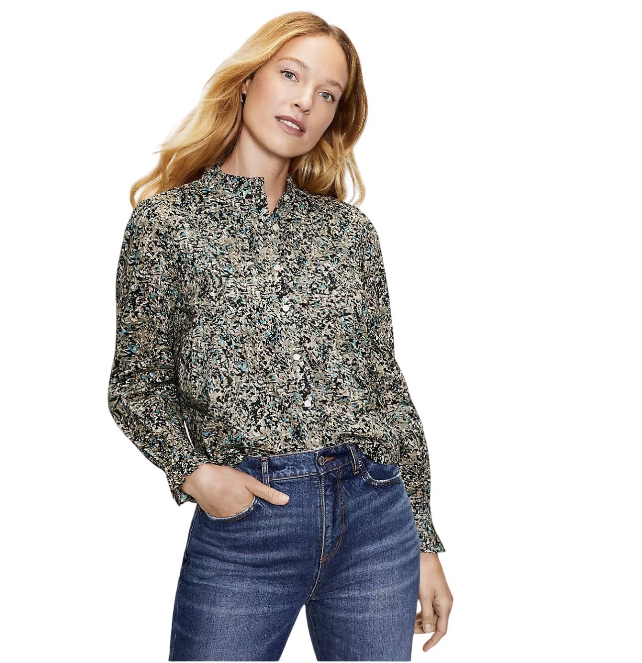 LOFT NWT Printed Pintucked Ruffle Long Sleeve Button Front Blouse Size Small