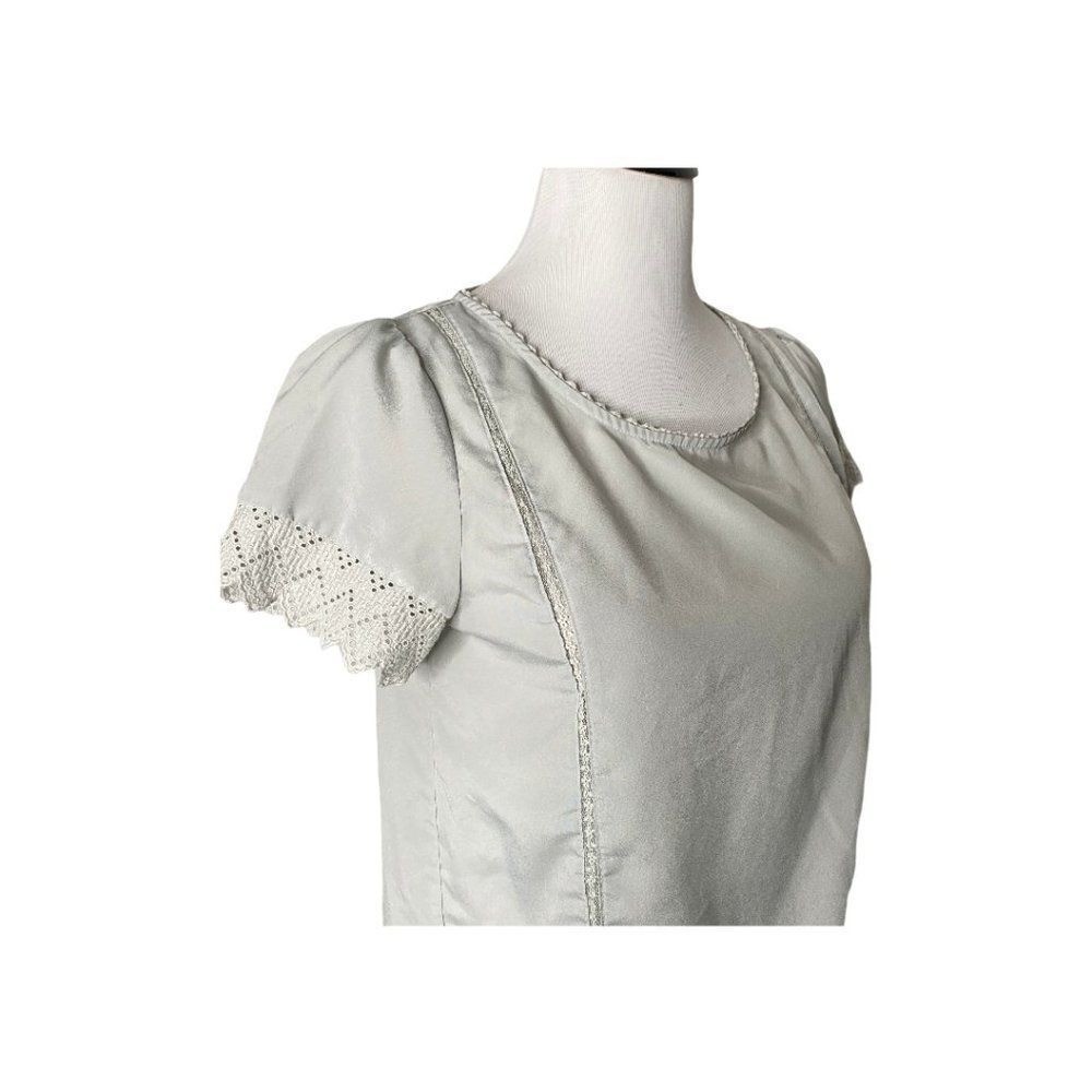 Cottagecore Coquette Eyelet Lace Satin Blouse Puff Sleeve Crochet Pleated S Grey