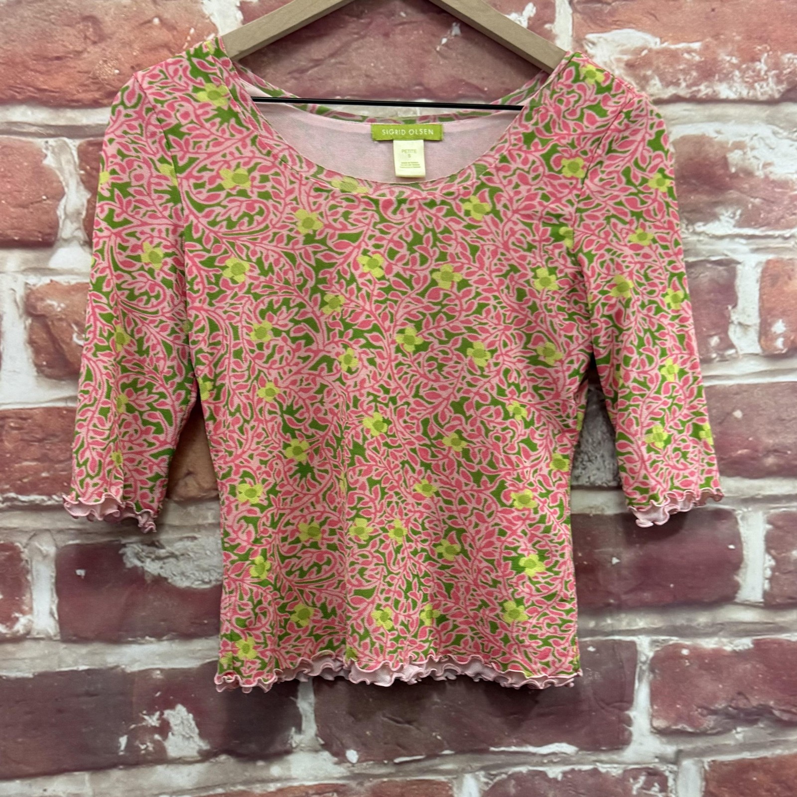 Sigrid Olsen Top Womens Petite Small Pink Floral Nylon Lined Pullover 3/4 Sleeve