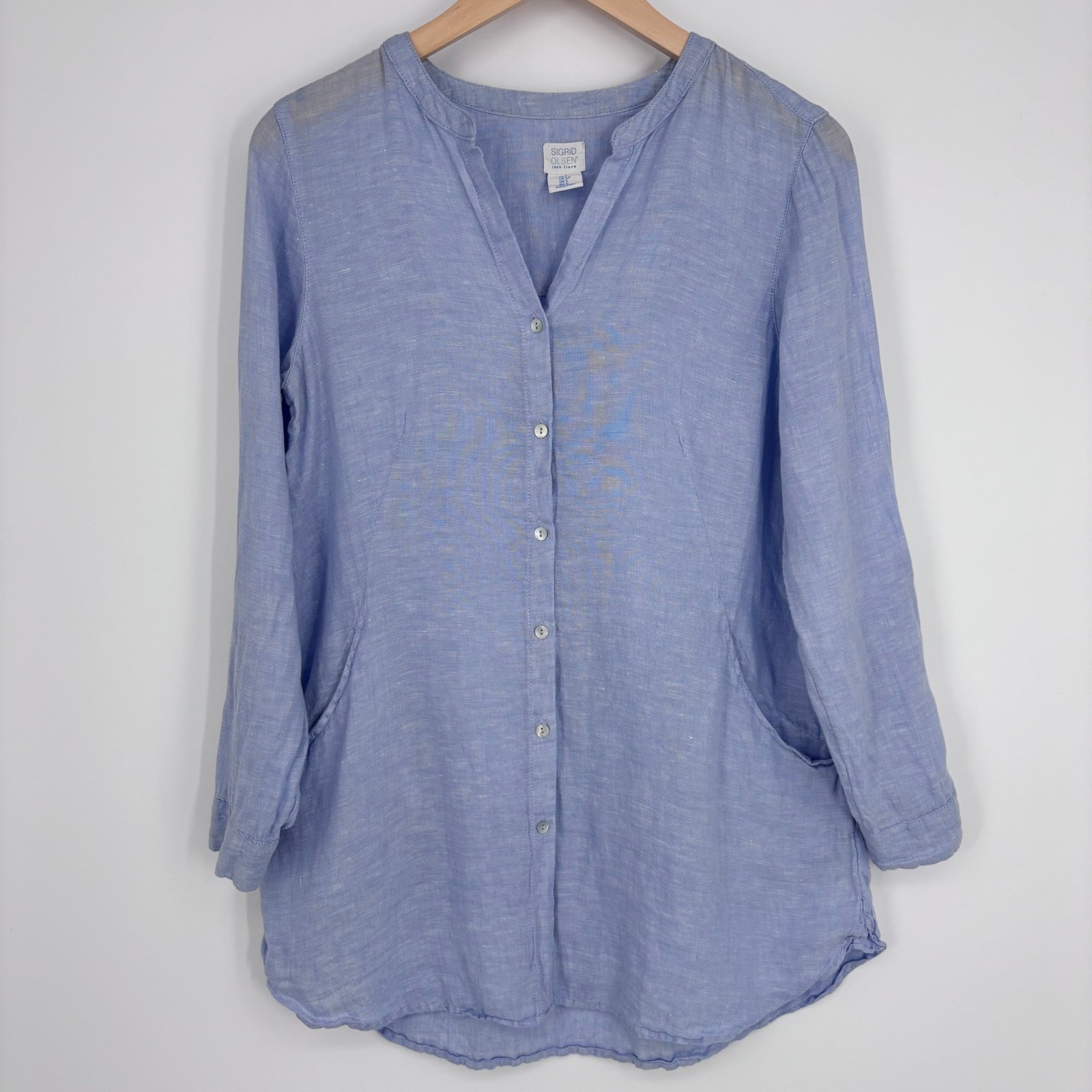 Sigrid Olsen Linen Tunic Top Women S Blue Button Front Pockets Coastal Shirt