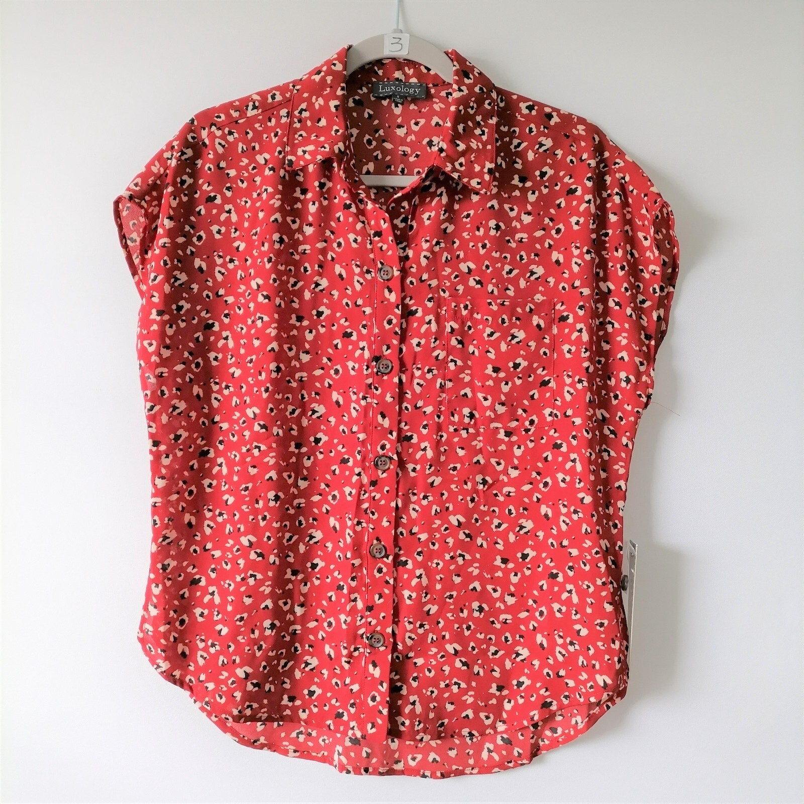 Luxology Womens Red Sleeveless Collared Overall Printed Button Up Top Size S New
