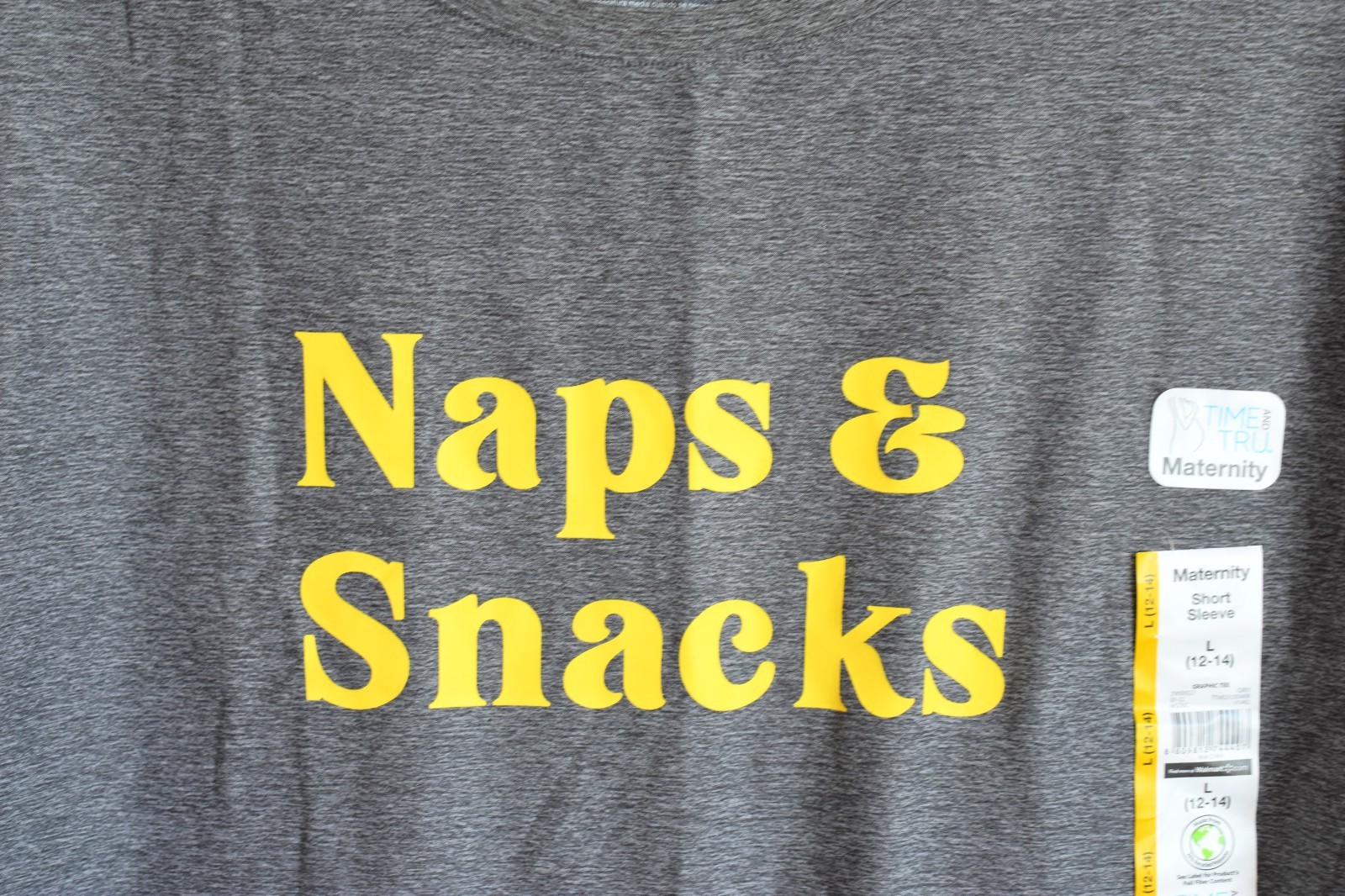 Women’s Time and Tru ‘Naps & Snacks’ Maternity Top Graphic Tee L (12-14) Gray