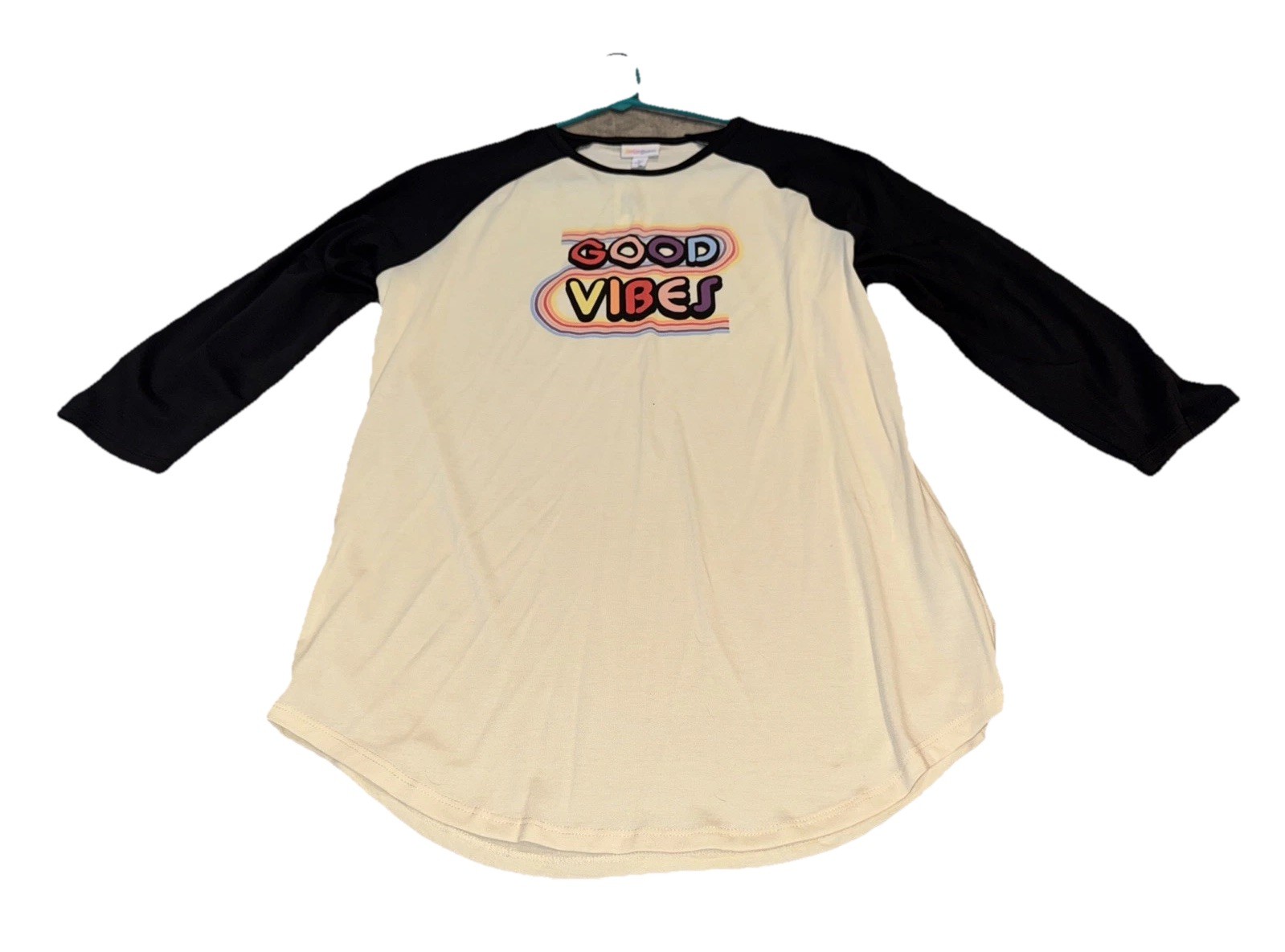 Lularoe Raglan Cream Black Good Vibes Womens Tee T Shirt Sz Large New