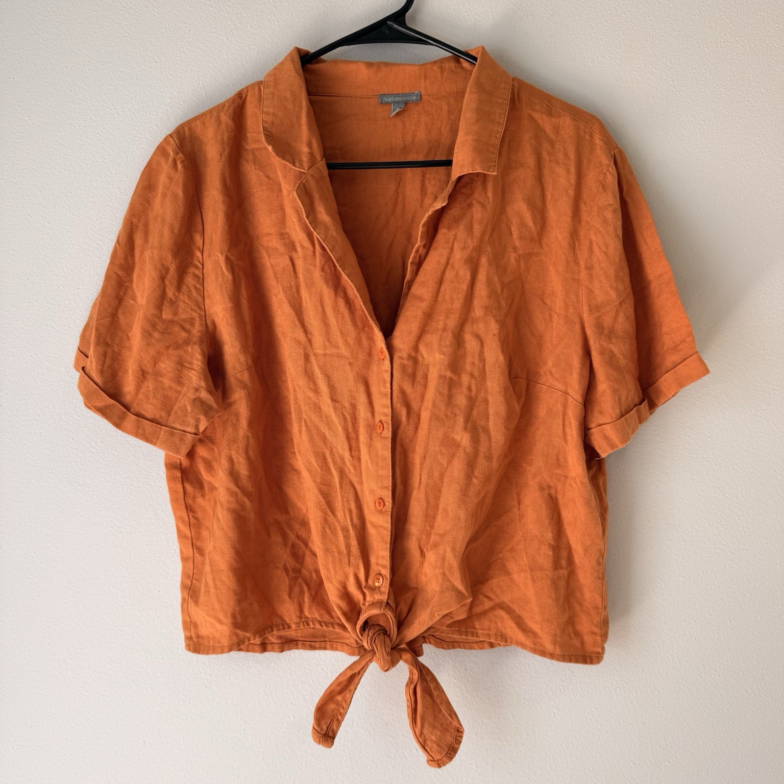 Charlotte russe orange linen and cotton cropped shirt with tie XL