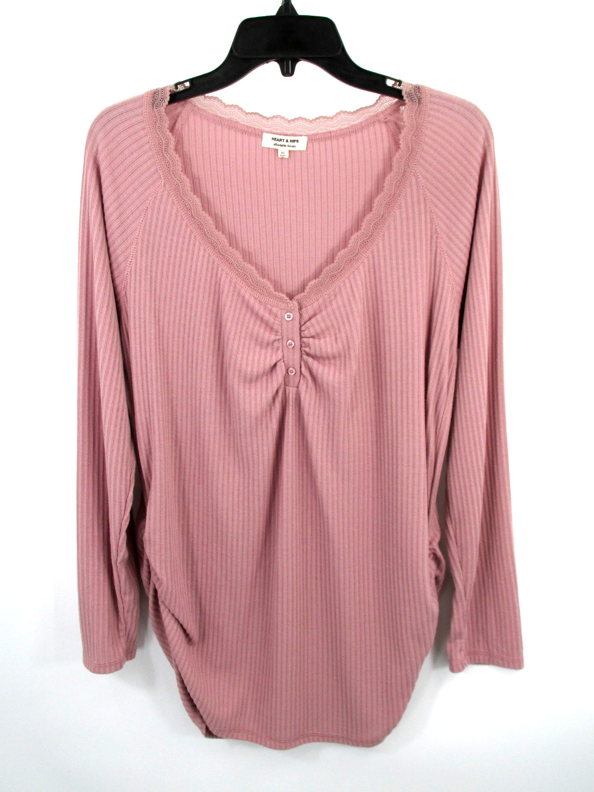 HEART & HIPS Pullover Henley Blouse Women XL Rose Gold Pink Ruched Lace Cottage