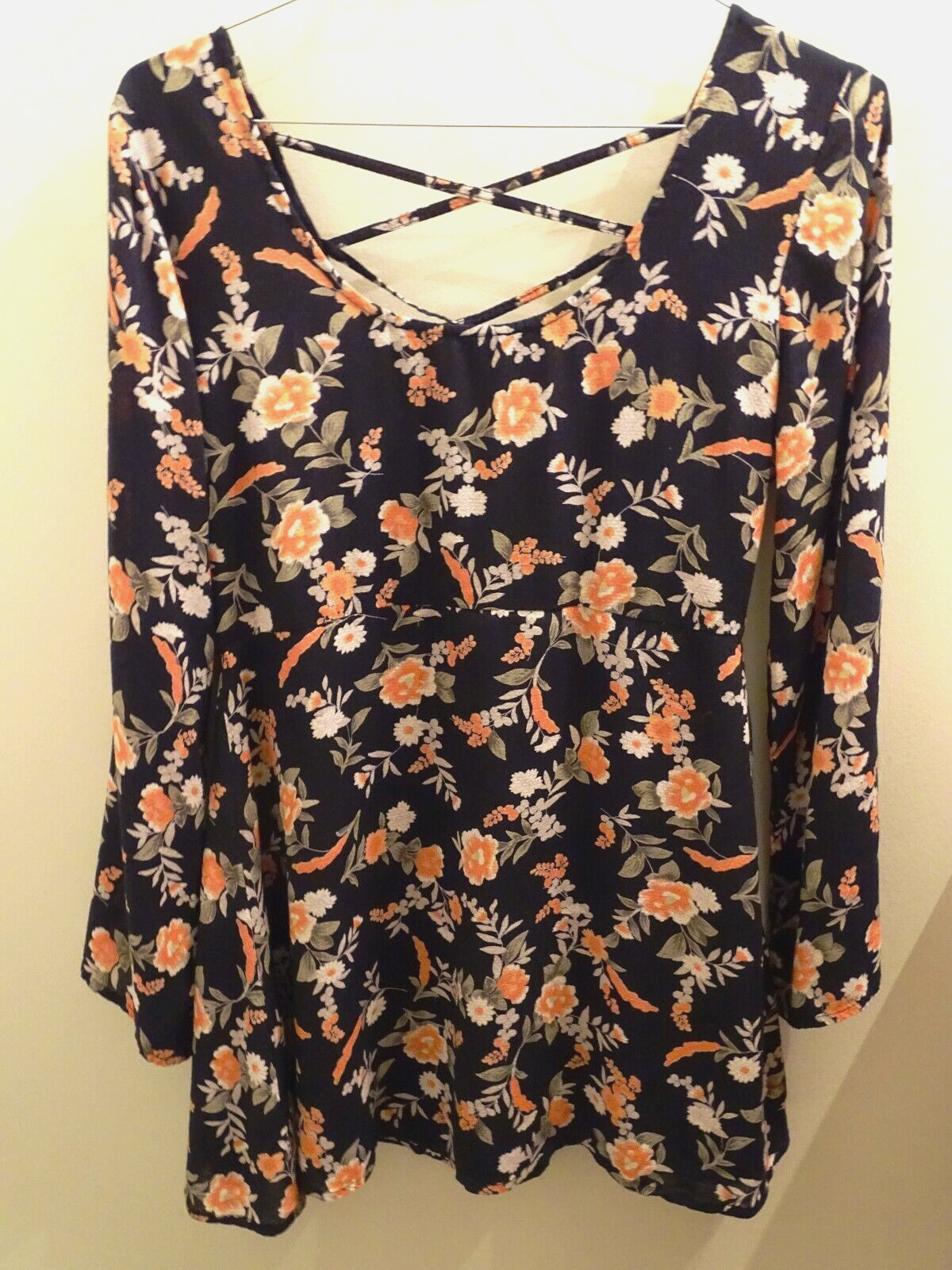 En Creme Boho Tunic Blouse Shirt Black Floral Size M Criss Cross Open Back Women