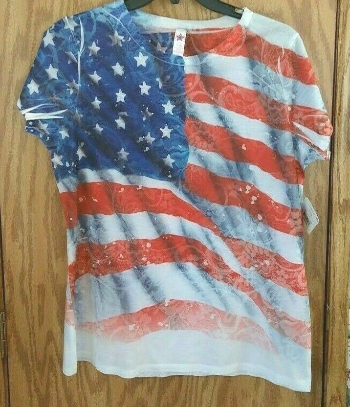 USA Made In America Flag T-Shirt Womens SZ L 12/14 Bling USA Flag Floral New