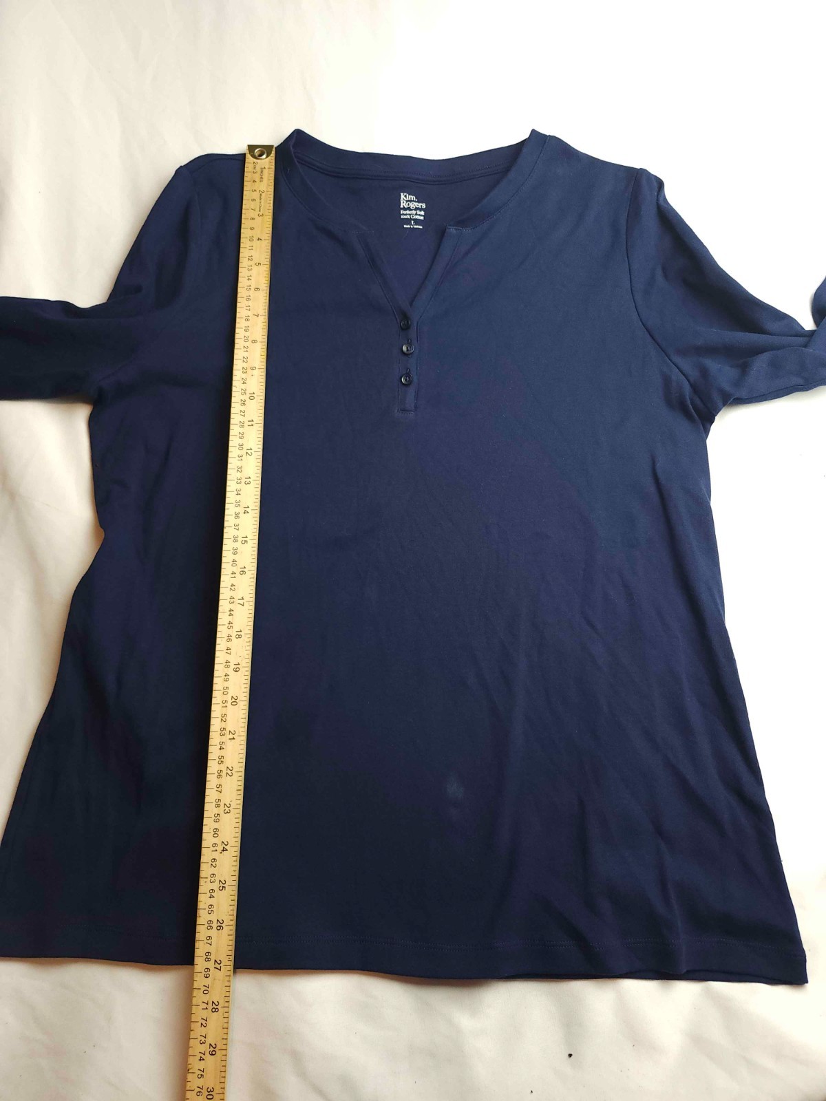 Kim Rogers Top Womens L Blue Henley Minimalist Coastal Chic Modern Classic