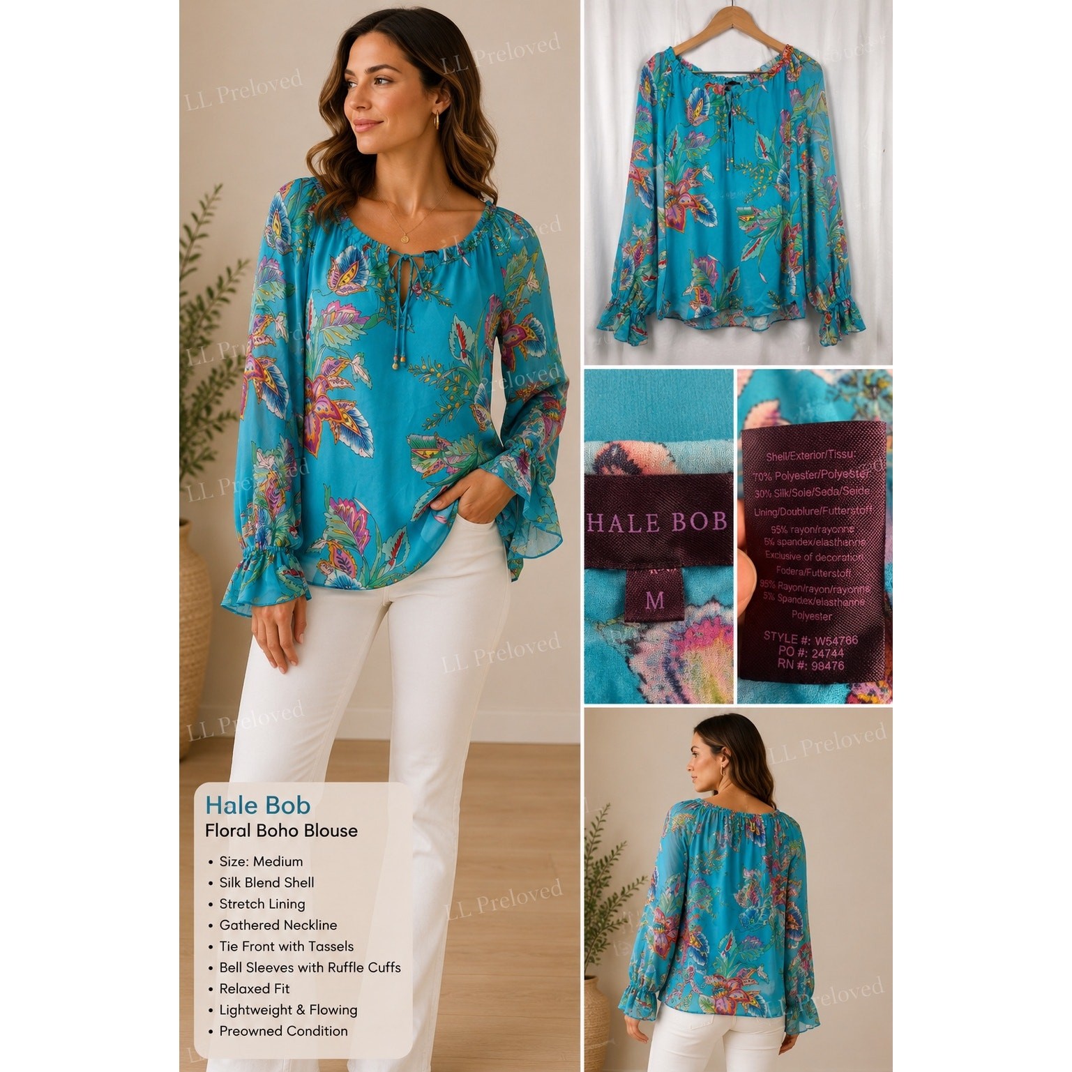 Hale Bob Floral Boho Peasant Blouse Women’s Med Blue Multi Silk Blend Tunic Top