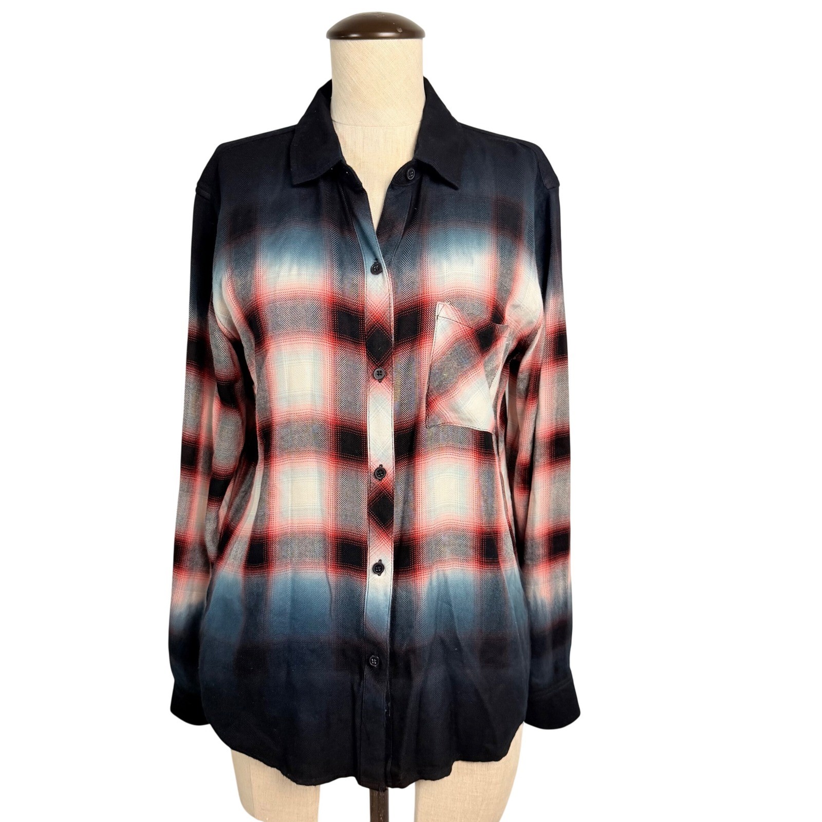 Rails Hunter Ivory Smoke Dip Dye Red Blue Black Plaid Flannel Rayon Shirt Small