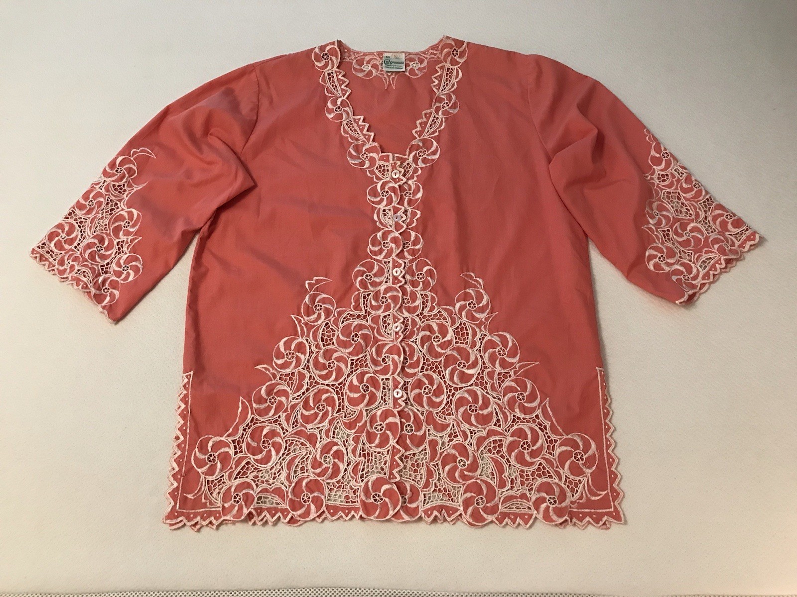 Caro Of Honolulu Womens Sz 10 Medium Embroidered Button Up Tunic Top Boho Orange
