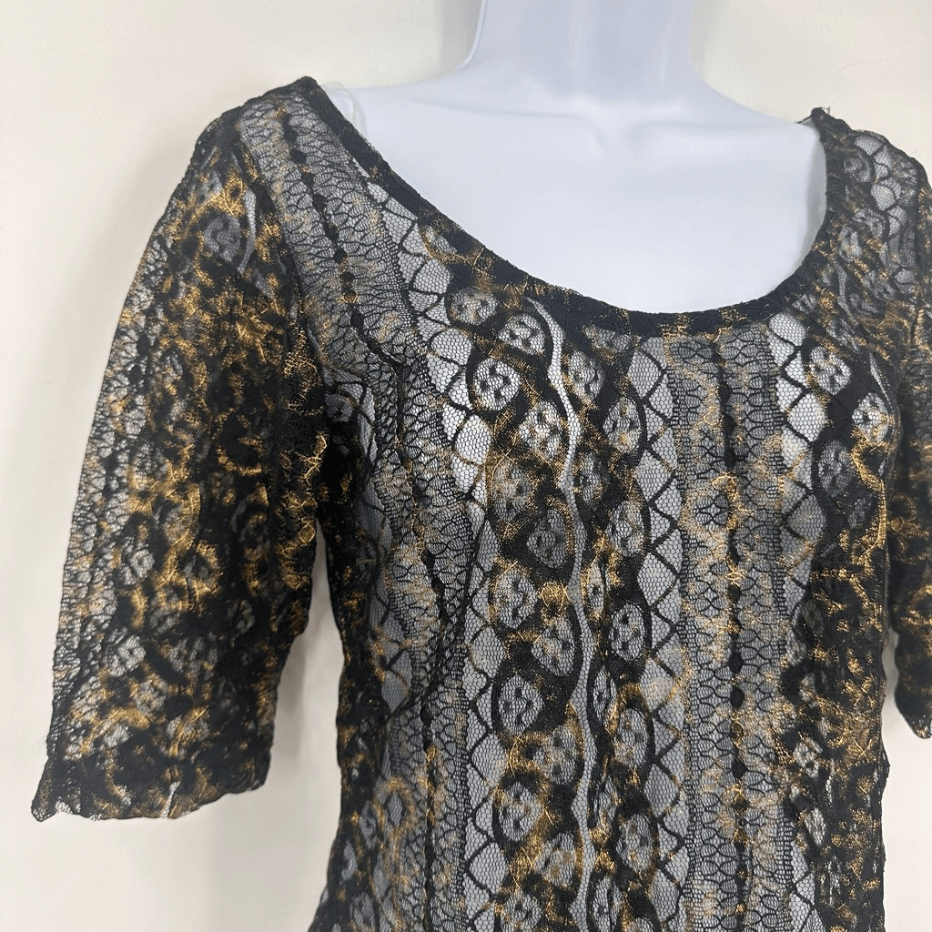NWT H.I.P Goth Punk Women’s Sheer Lace Top Black Gold Size M Rock Vamp Baddie