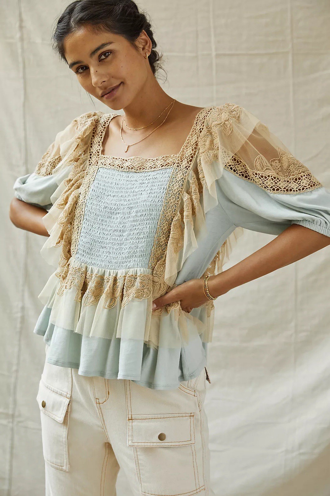Anthropologie Forever That Girl Ruffle Lace Tulle Peplum Pleated Top Blouse M