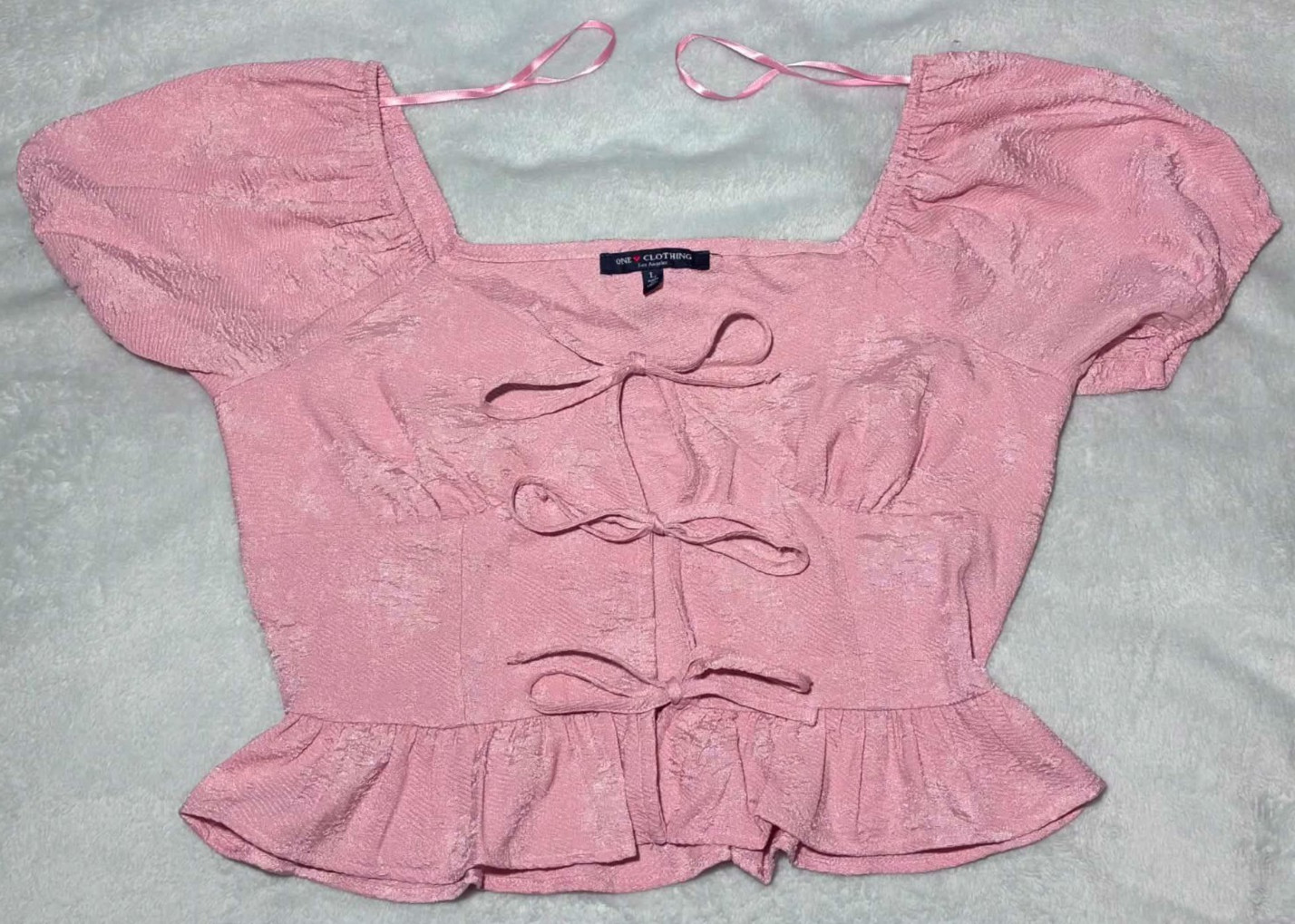 One Clothing Blouse Ruched Tie-Front Cottagecore Blush Pink Size Large