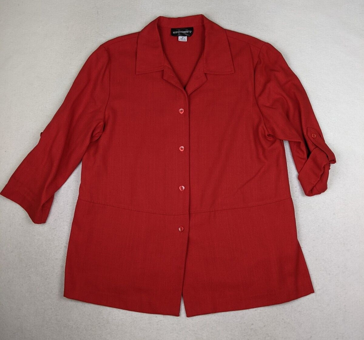 REQUIREMENTS – WOMEN’S RED WOVEN BUTTON-UP TOP – SIZE 16 – ROLL TAB