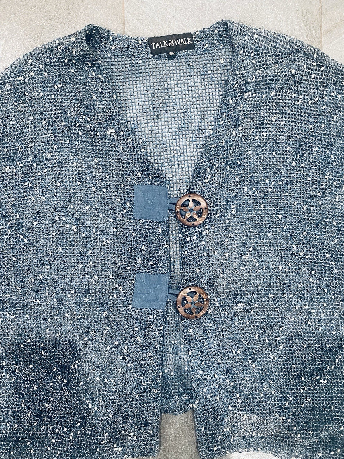 Women’s Vintage Sz 2X Open Knit Grey Blue Top Cardigan Center Wood Buttons XXL