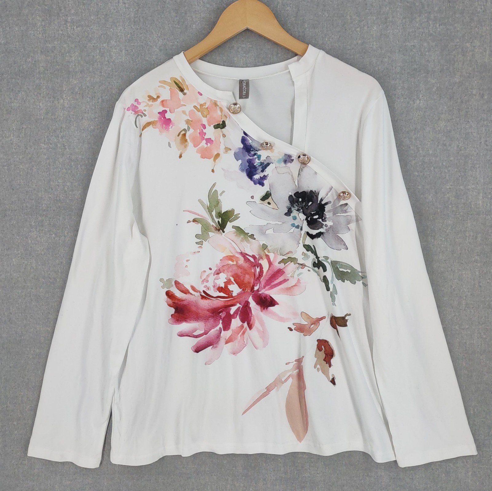 Noracora Top Extra Large White Watercolor Art Wear Button Pullover City Chic