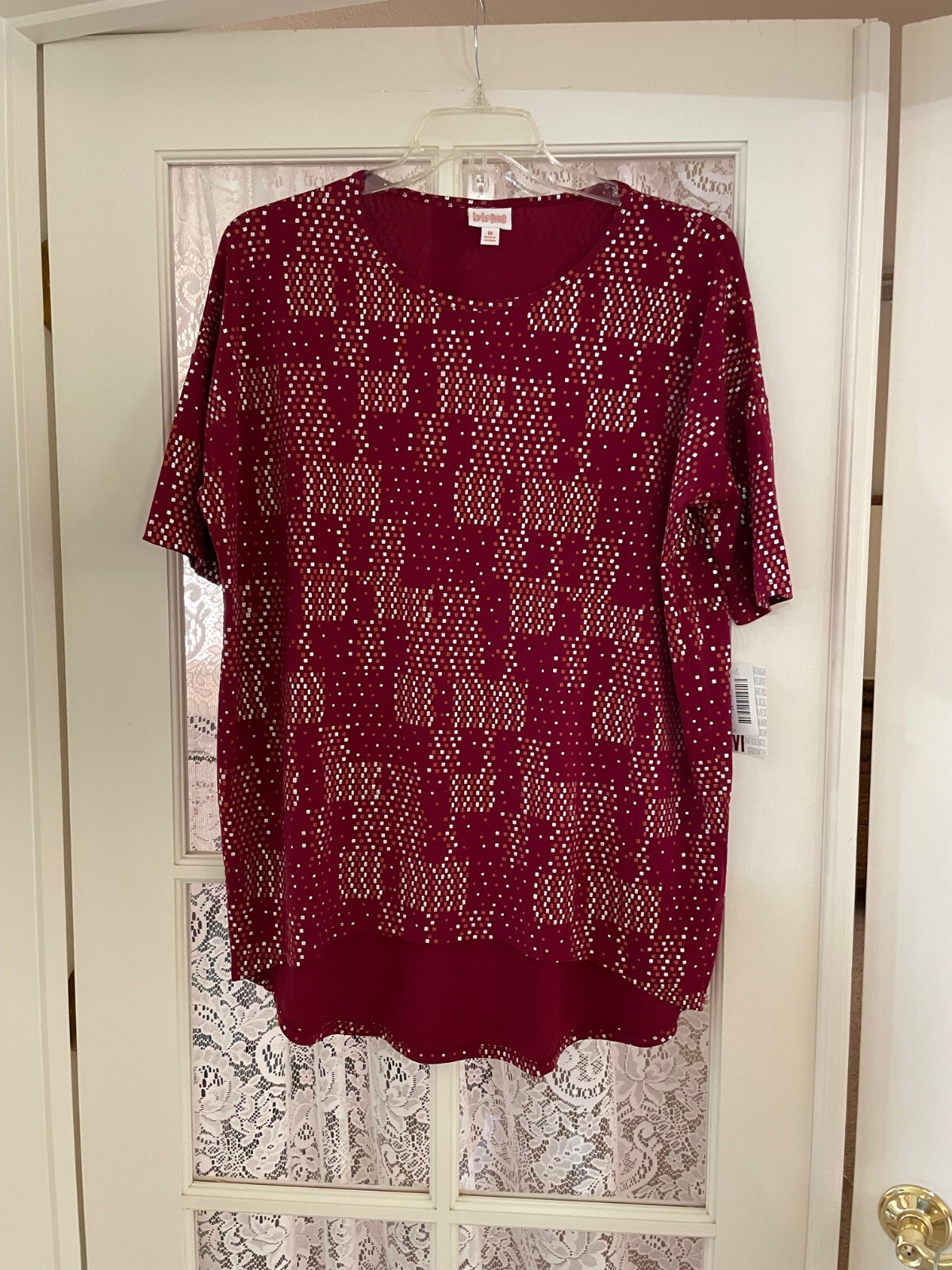 Lularoe Irma Tunic Top Womens M Tee Top Metallic Silver Plum Burgandy NWT