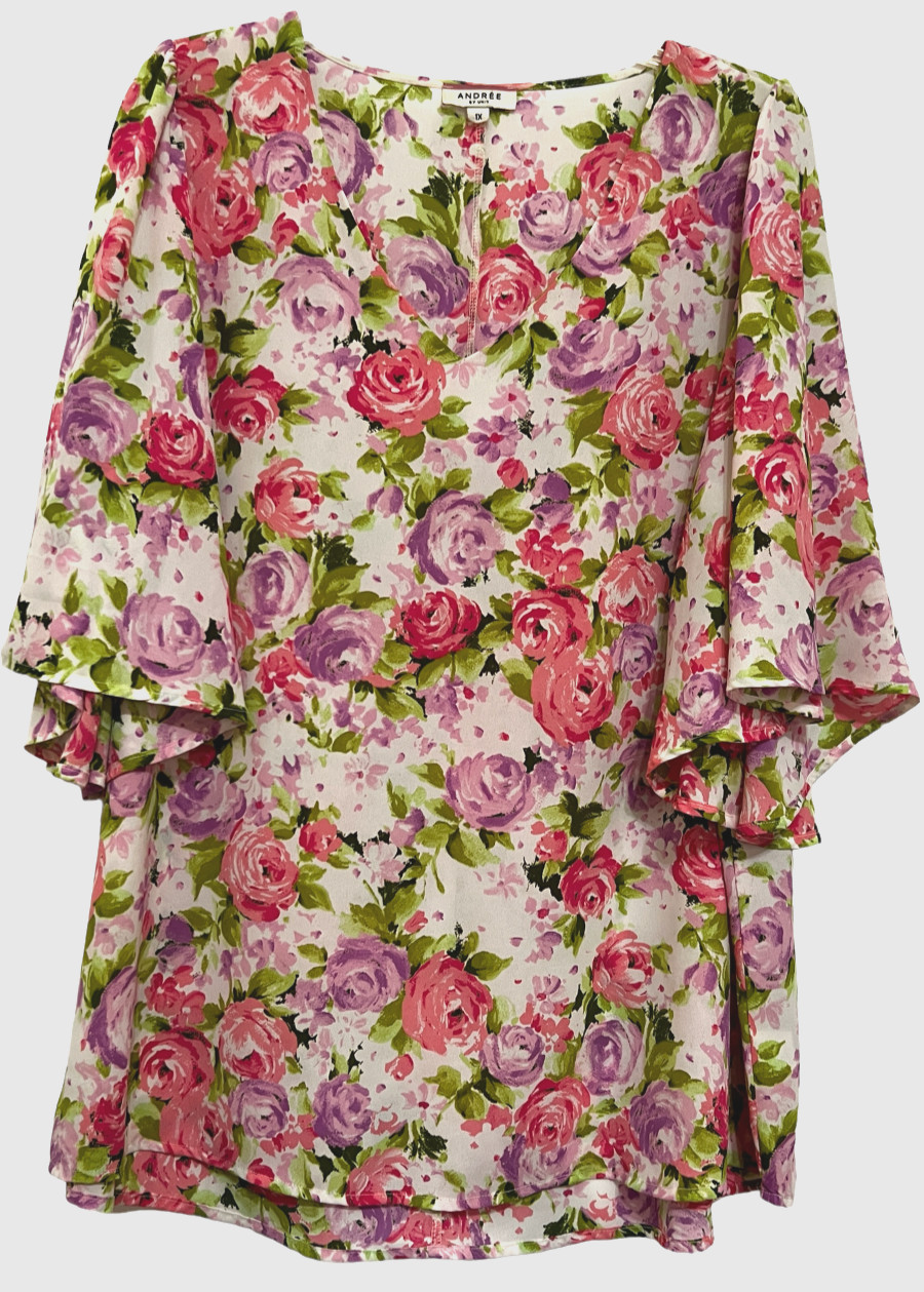 ANDREE by Unit 1X Tunic Floral Print V Neck Short Cape Sleeves
