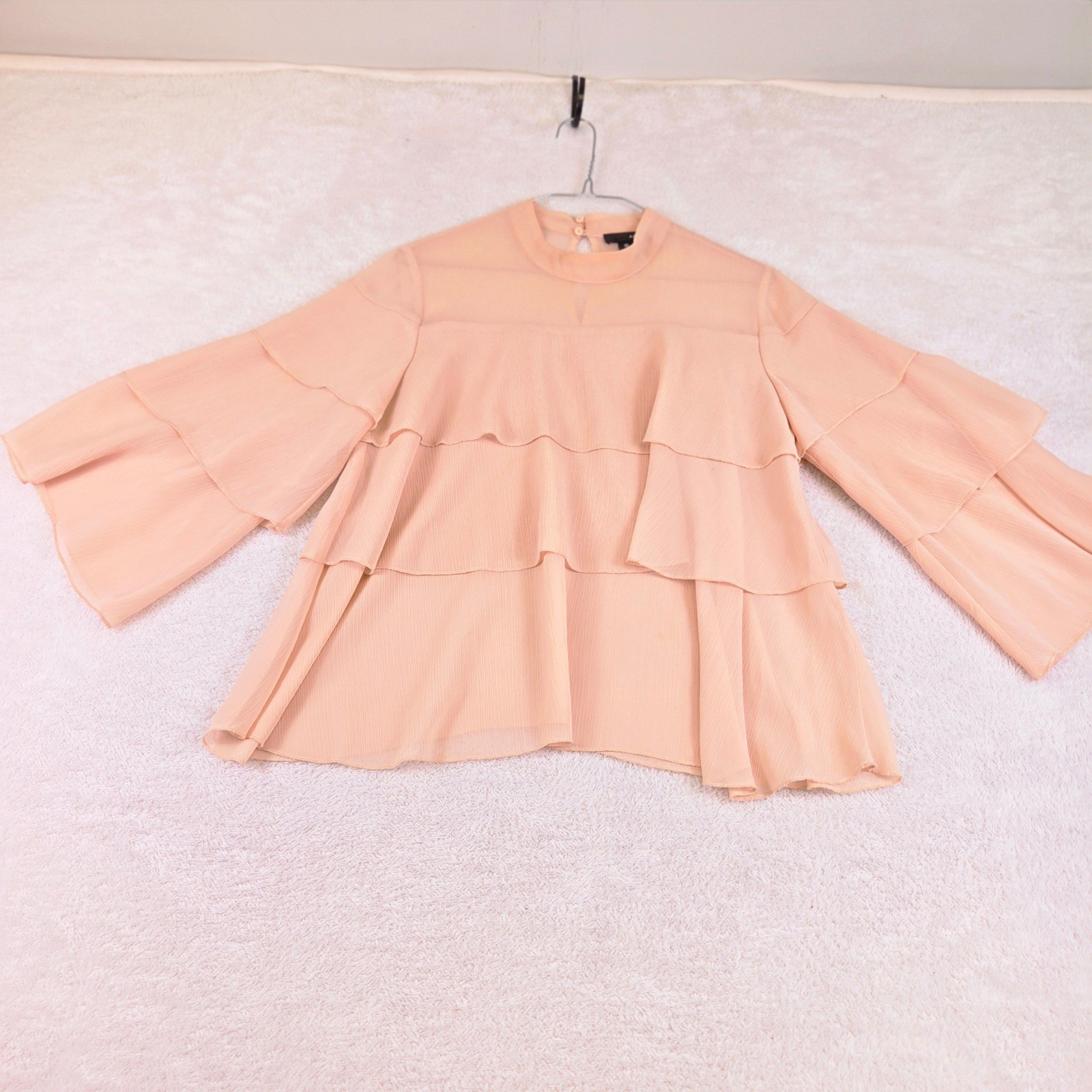 AQUA Peach Pleated Tiered Ruffle Blouse Womens Small High Neck Bell Sleeve Top