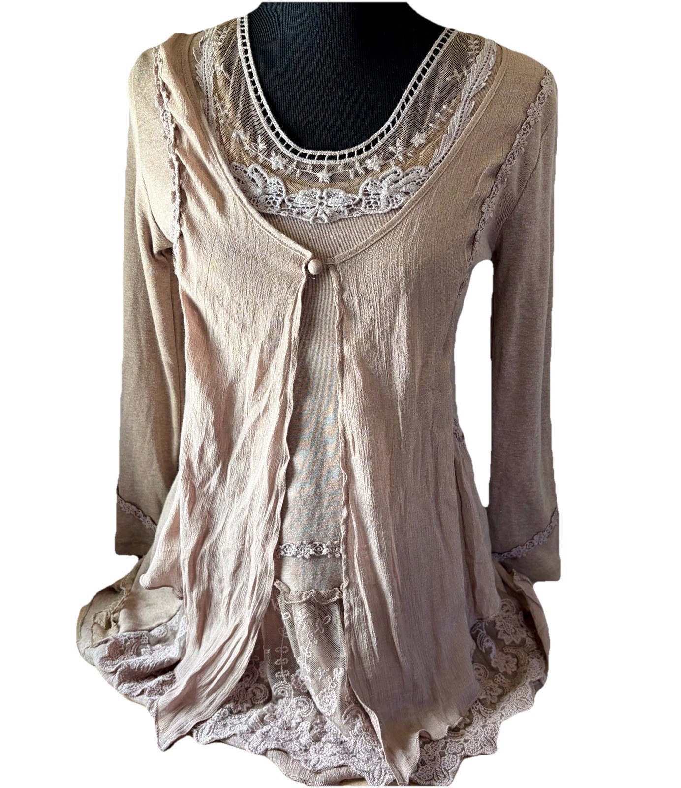 Pretty Angel Beige Fairy Whimsy Boho Lace Blouse Top Women Medium