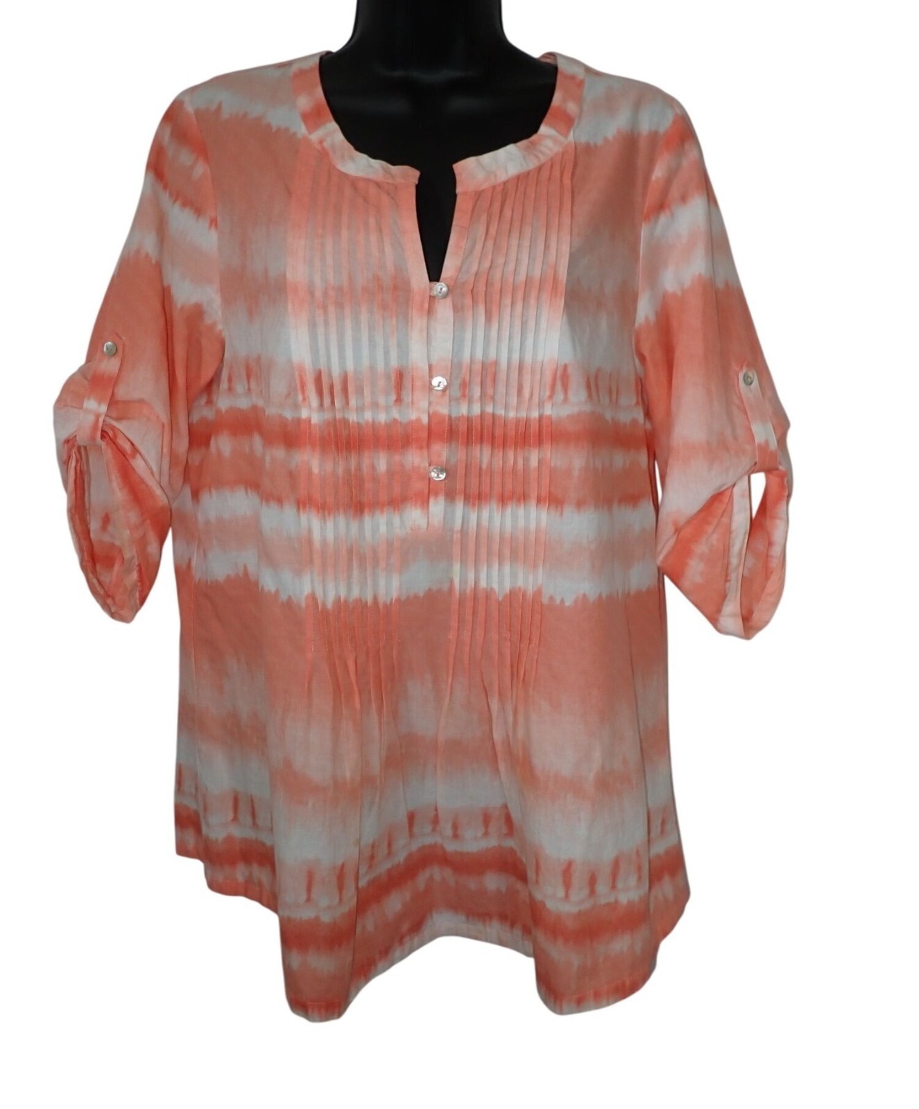 J.Jill Tunic Top Women M Orange Ombre Flowing Boho Top Roll Sleeve Pintuck casua
